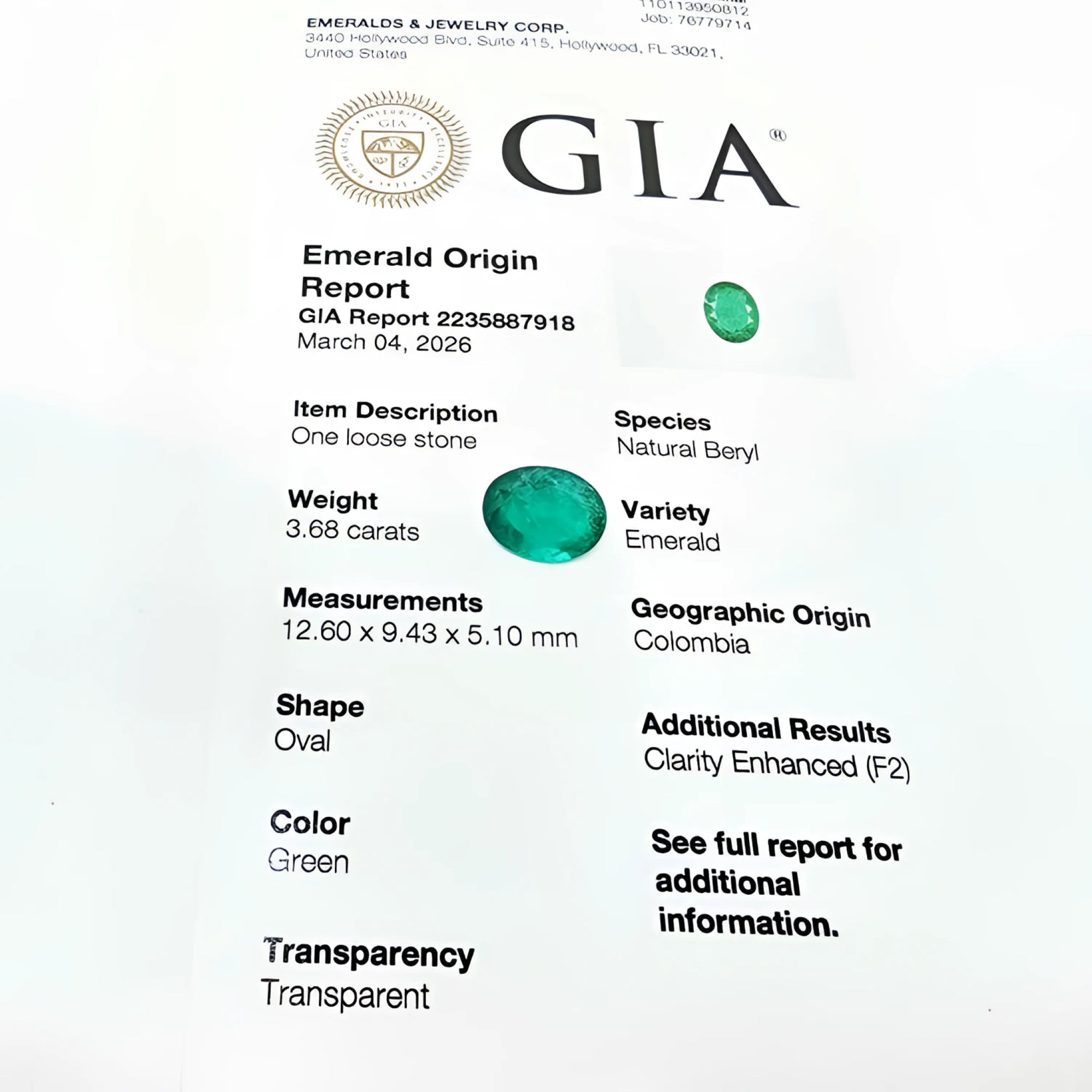 GIA certified 3.68 ct. loose oval emerald from Colombia, bright bluish-green.