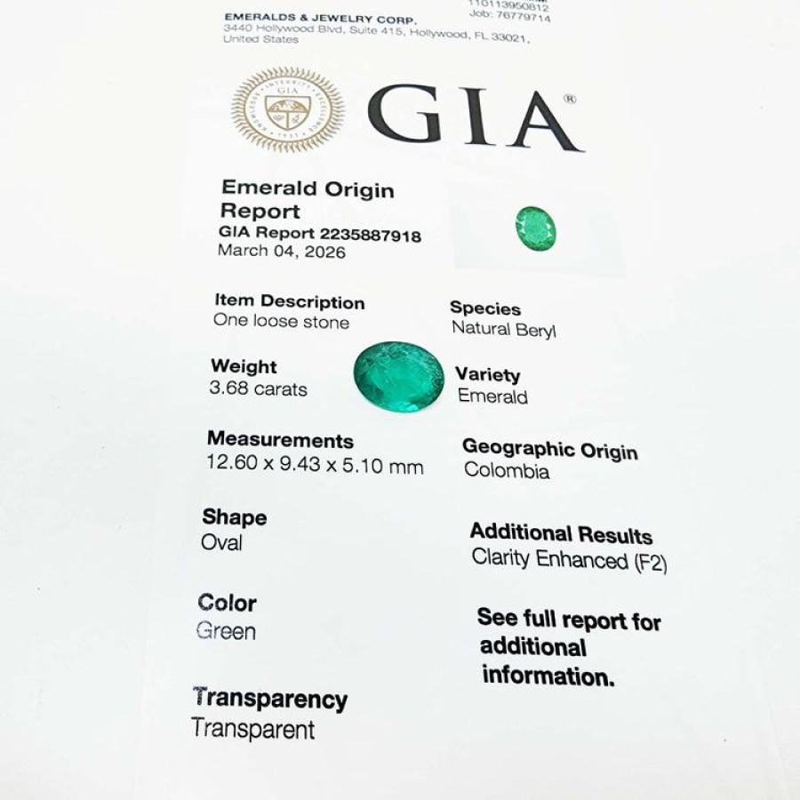 GIA certified 3.68 ct. loose oval emerald from Colombia, bright bluish-green.