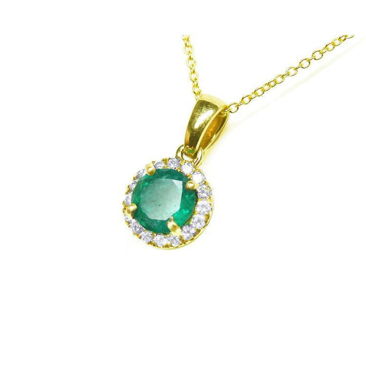 Round cut deep green Colombian emerald necklace with halo diamonds in 14k yellow gold.