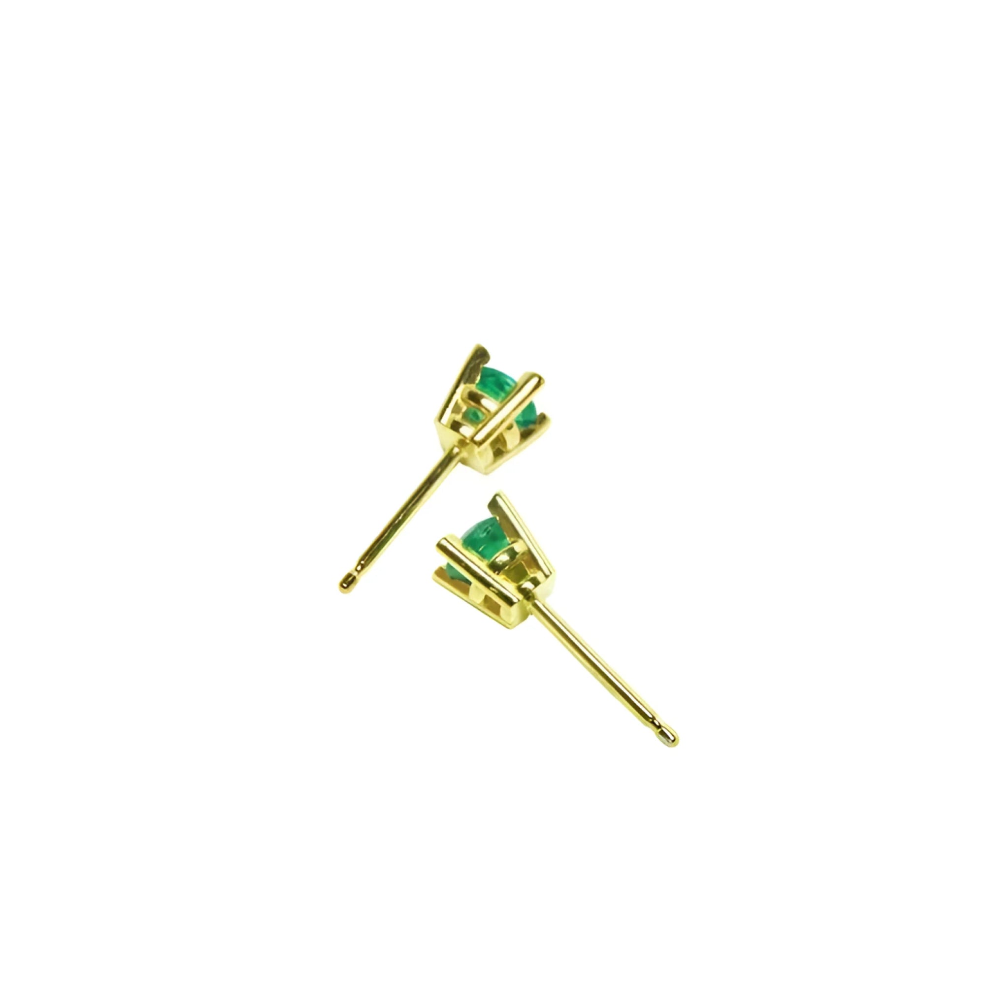 Girls' 14K gold stud earrings with round natural Colombian emeralds.