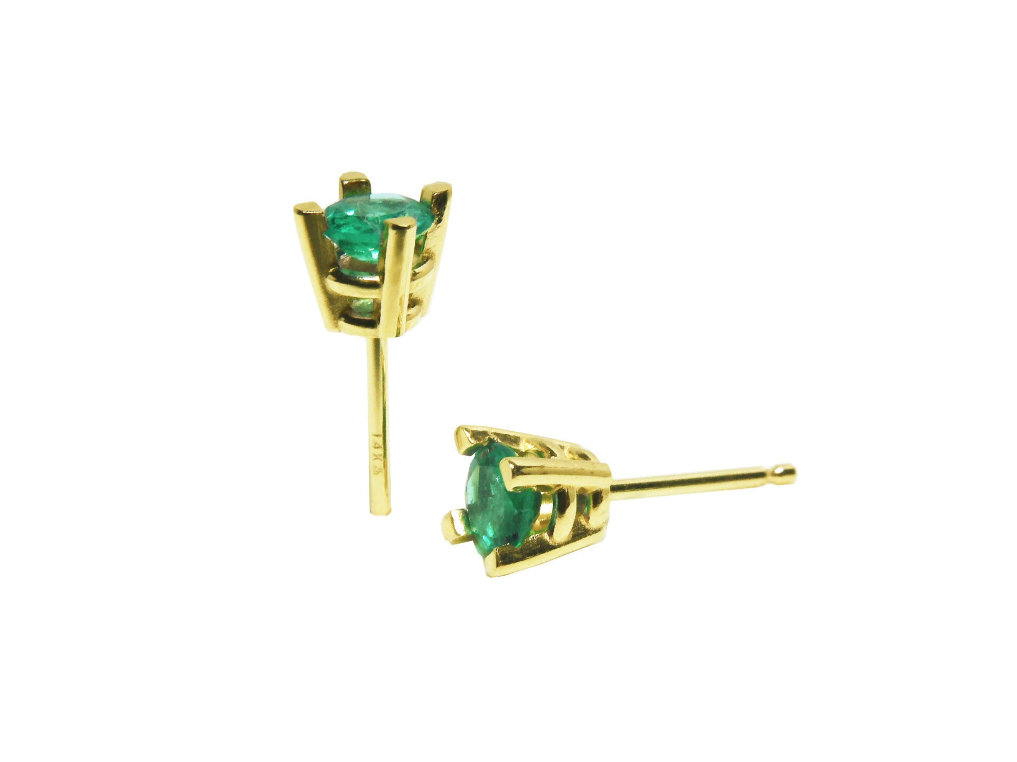 Girls&#39; natural emerald stud earrings round cut yellow gold, front top and horizontal positions