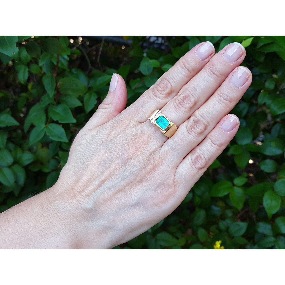 Hand wearing a ring with a natural colombian emerald against a green leafy background.