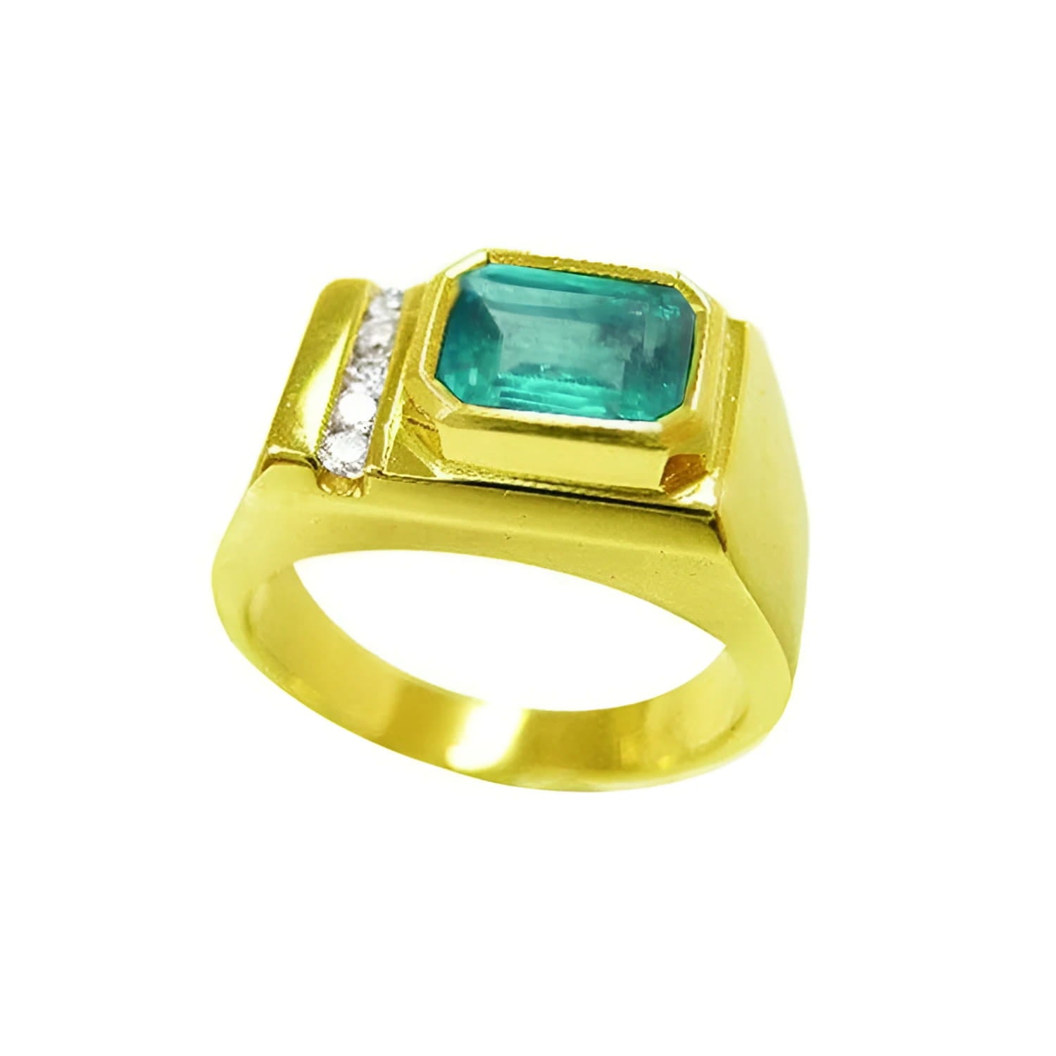 Men's 14K yellow gold ring with an east-west emerald-cut Colombian emerald and channel-set accent diamonds.