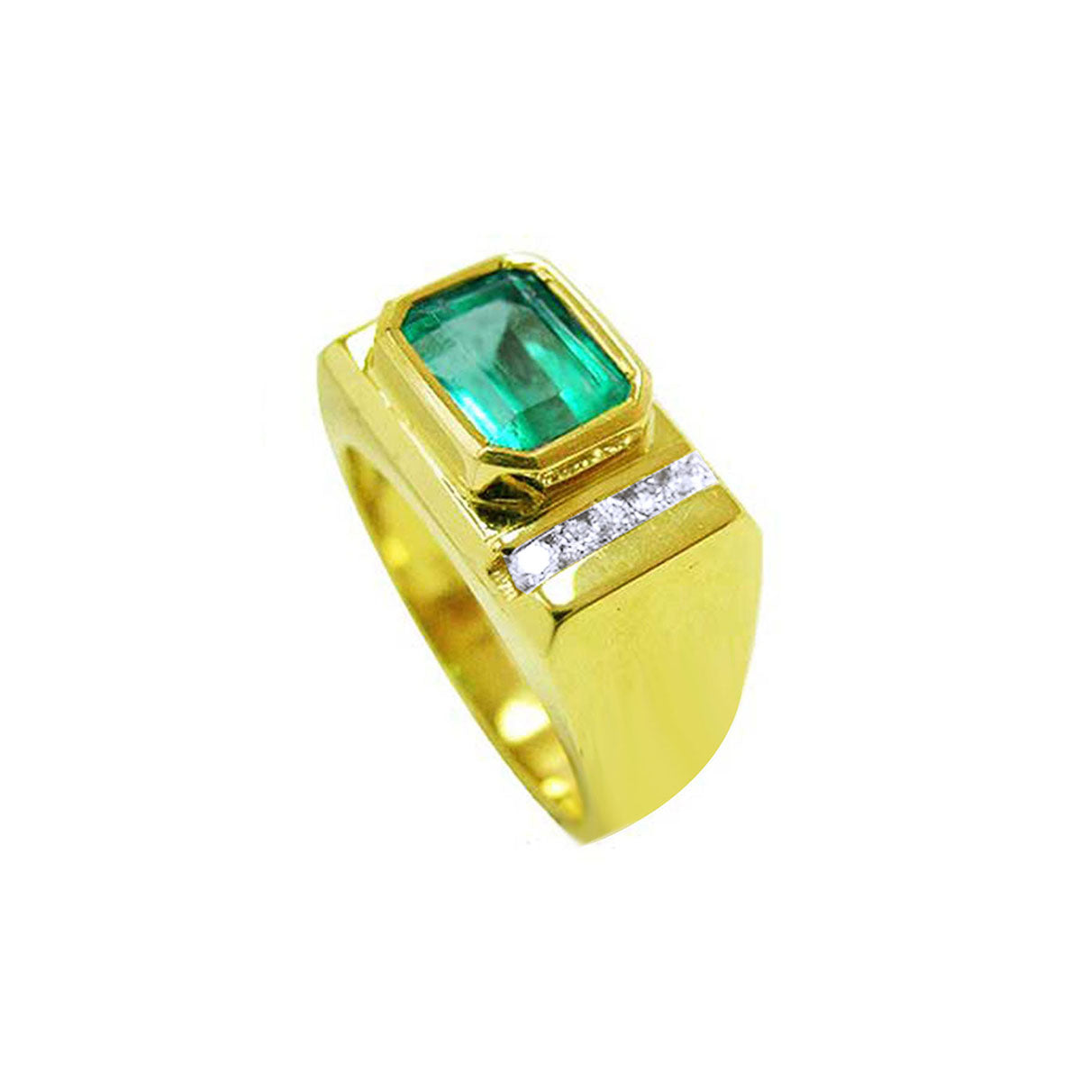 The half-side profile of a gold ring for men with a rectangular colombian emerald and small diamonds on a white background