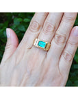 Hand wearing a yellow gold ring with a emerald gemstone against a blurred green background.