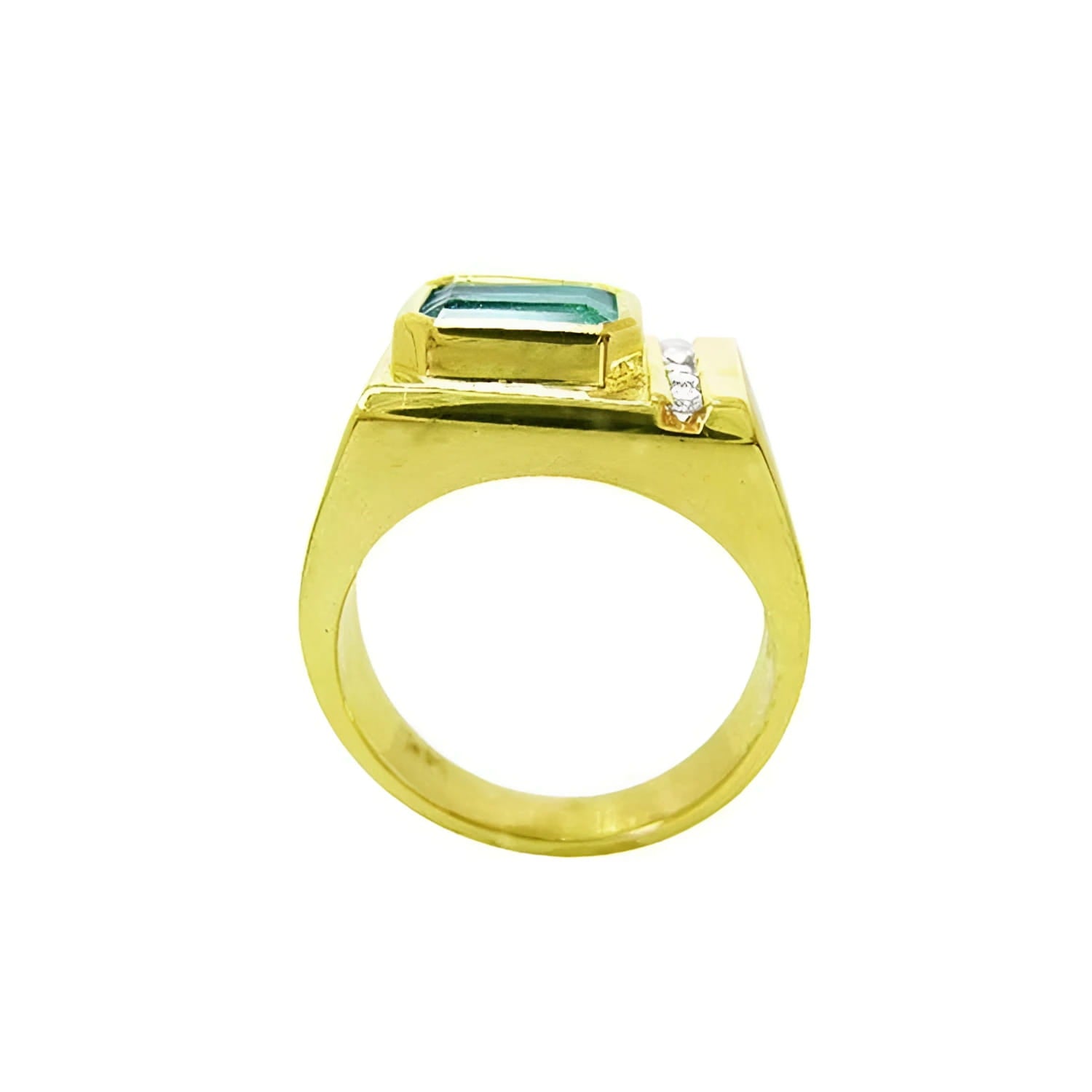 Men's 14K yellow gold ring with an east-west emerald-cut Colombian emerald and channel-set accent diamonds.