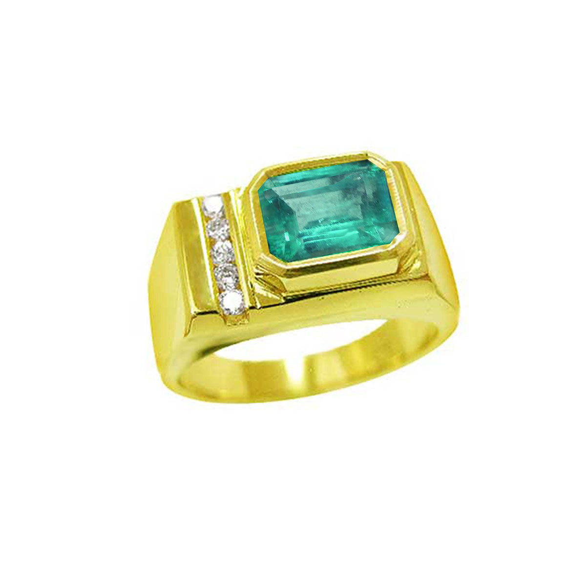 Men&#39;s gold ring with a natural emerald bezel set and small diamonds on a topside profile view.