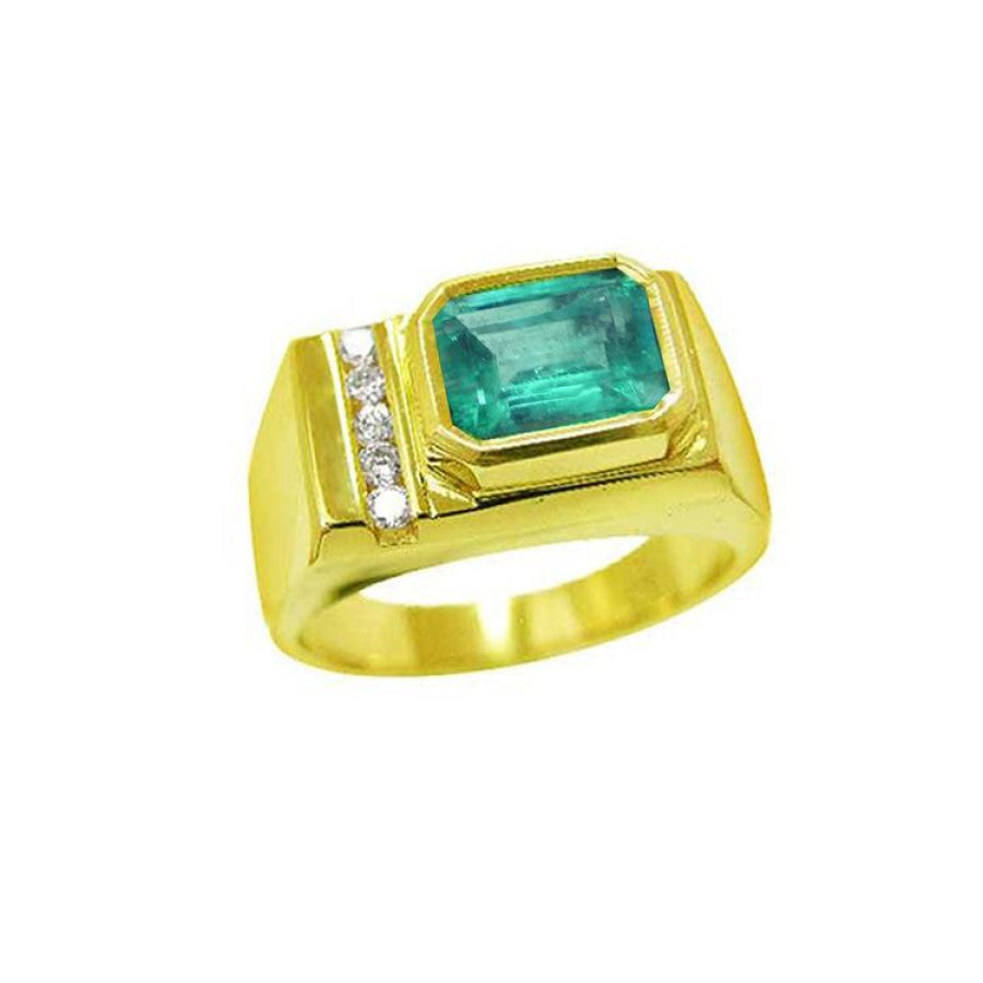 Men's 14K yellow gold ring with an east-west emerald-cut Colombian emerald and channel-set diamonds.