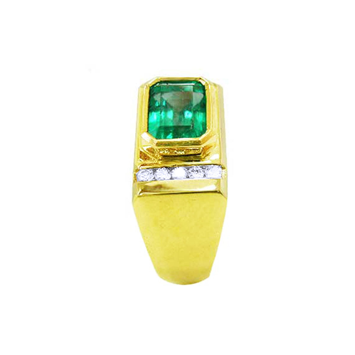 Gold ring for men with a bezel set natural emerald and smaller clear diamonds on a side profile position.