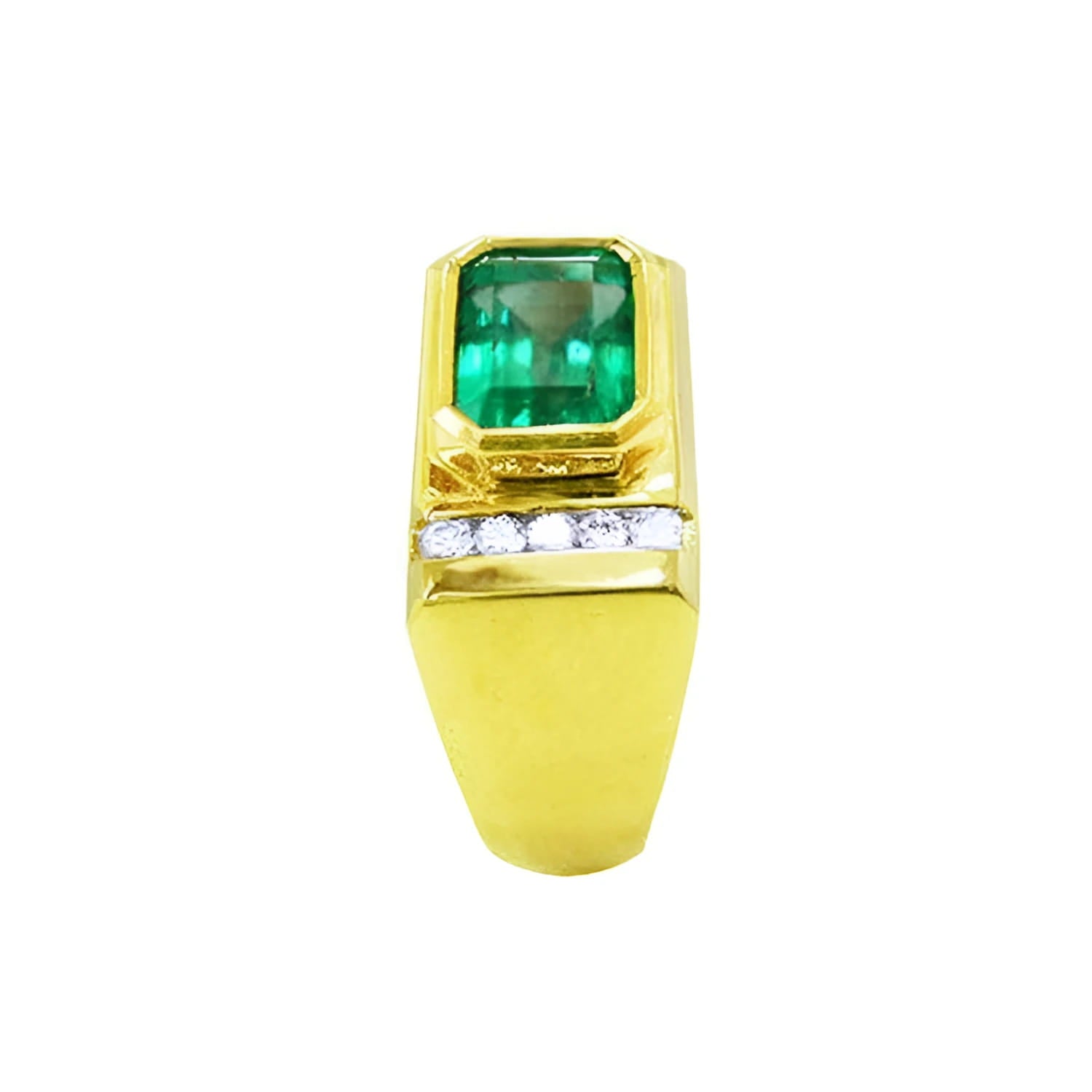 Men's 14K yellow gold ring with an East-West emerald-cut Colombian emerald and channel-set diamonds.