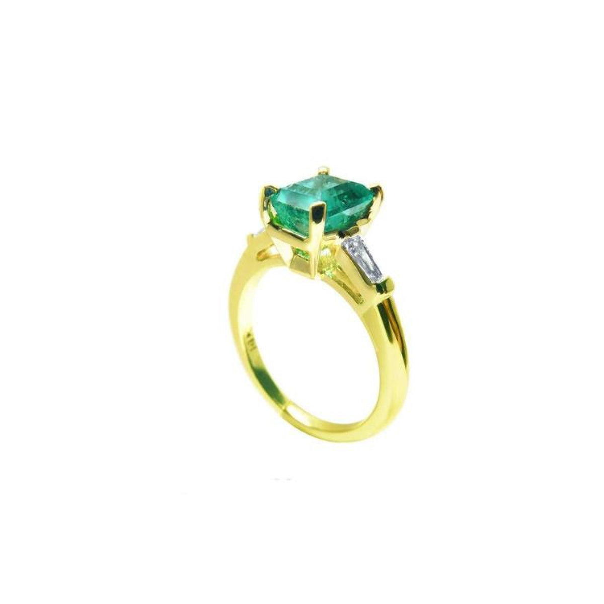 14K gold ring with a rectangular emerald-cut emerald and tapered baguette side diamonds.