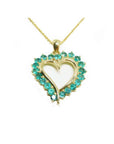 14K yellow gold heart shaped pendant necklace with brilliant round Colombian emeralds.