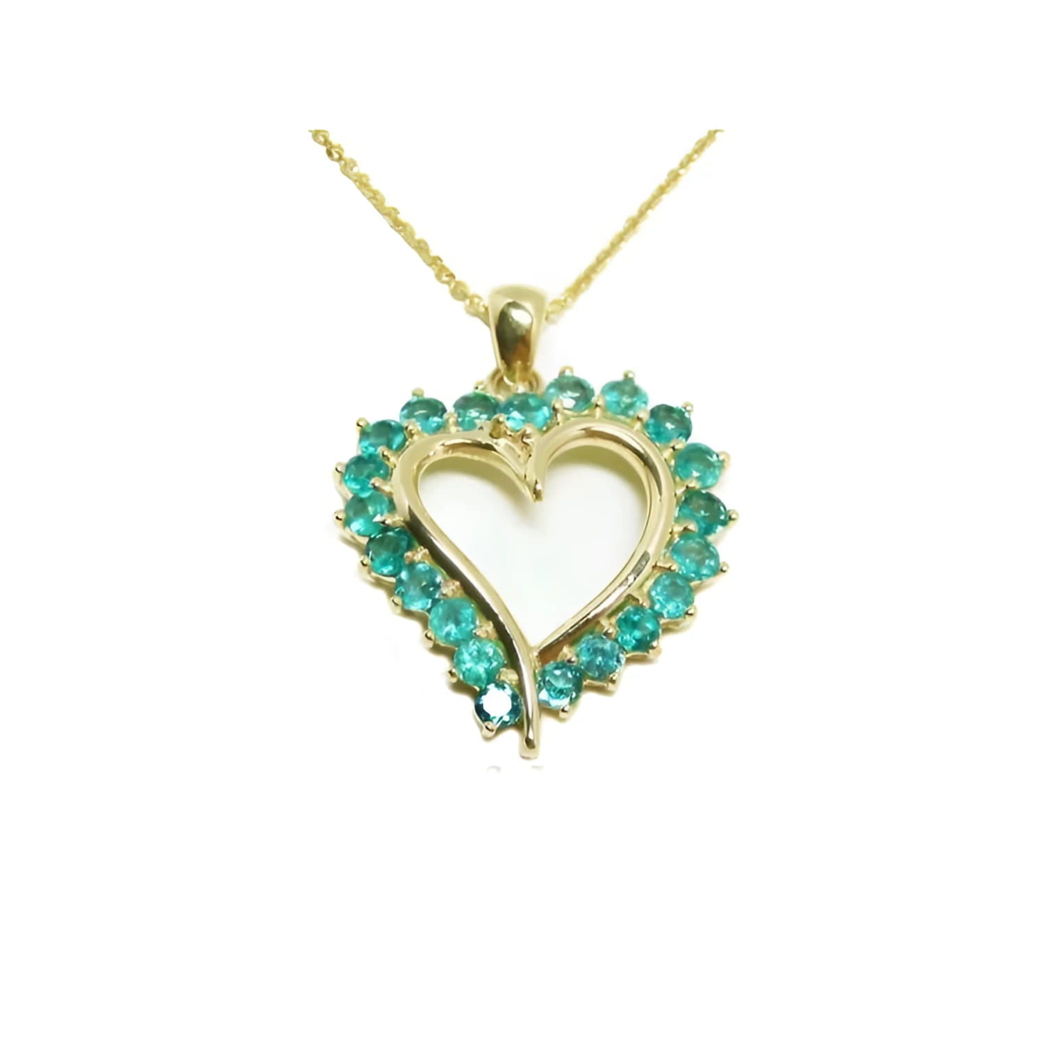 14K gold heart pendant necklace with brilliant round Colombian emeralds.
