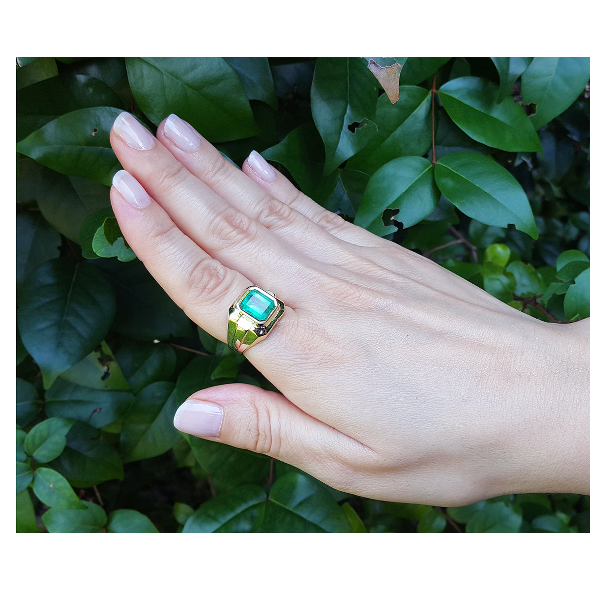Hand wearing a gold ring for men with a natural emerald against a leafy background.