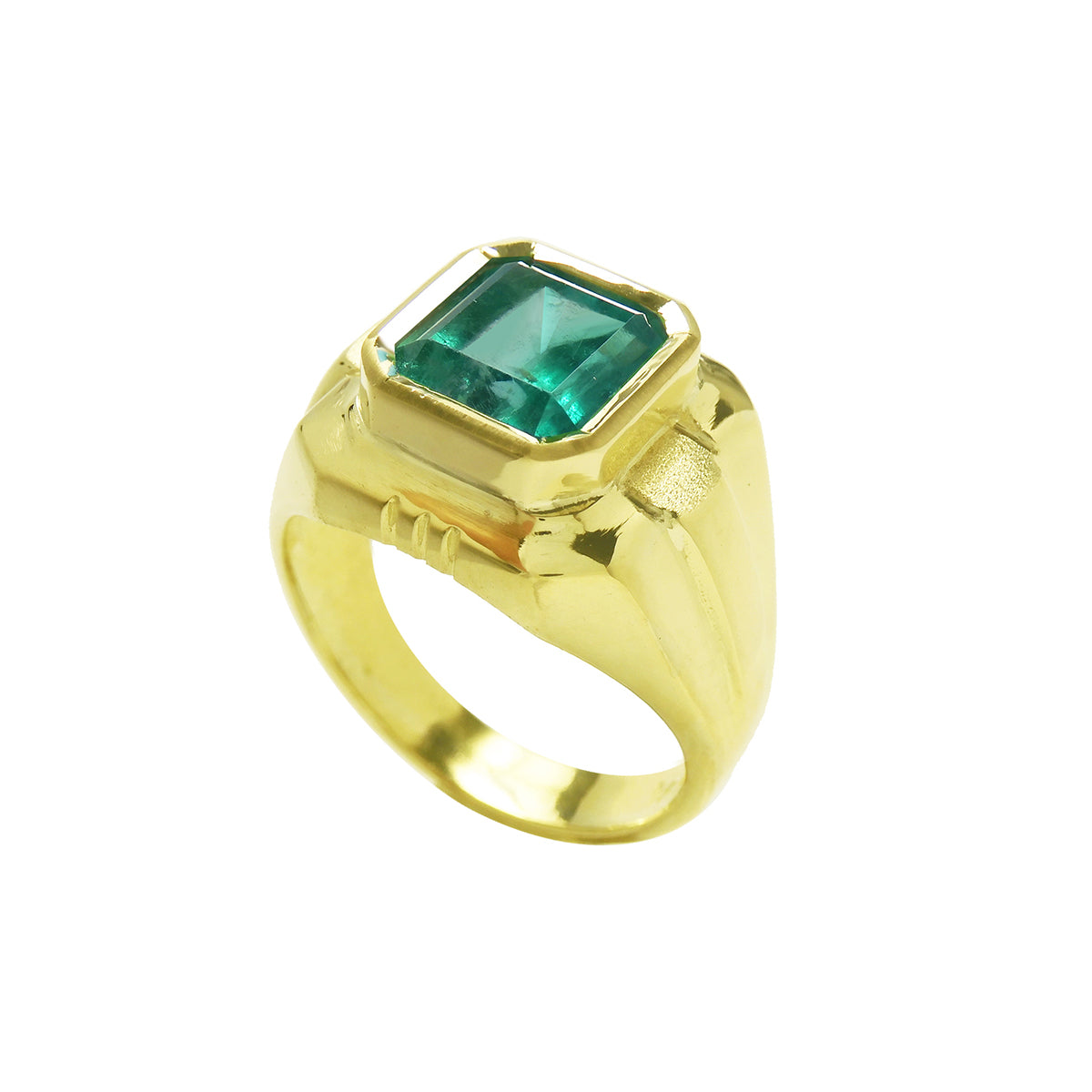 A square mens emerald solitaire ring in yellow gold and bezel set, top and side profile view.