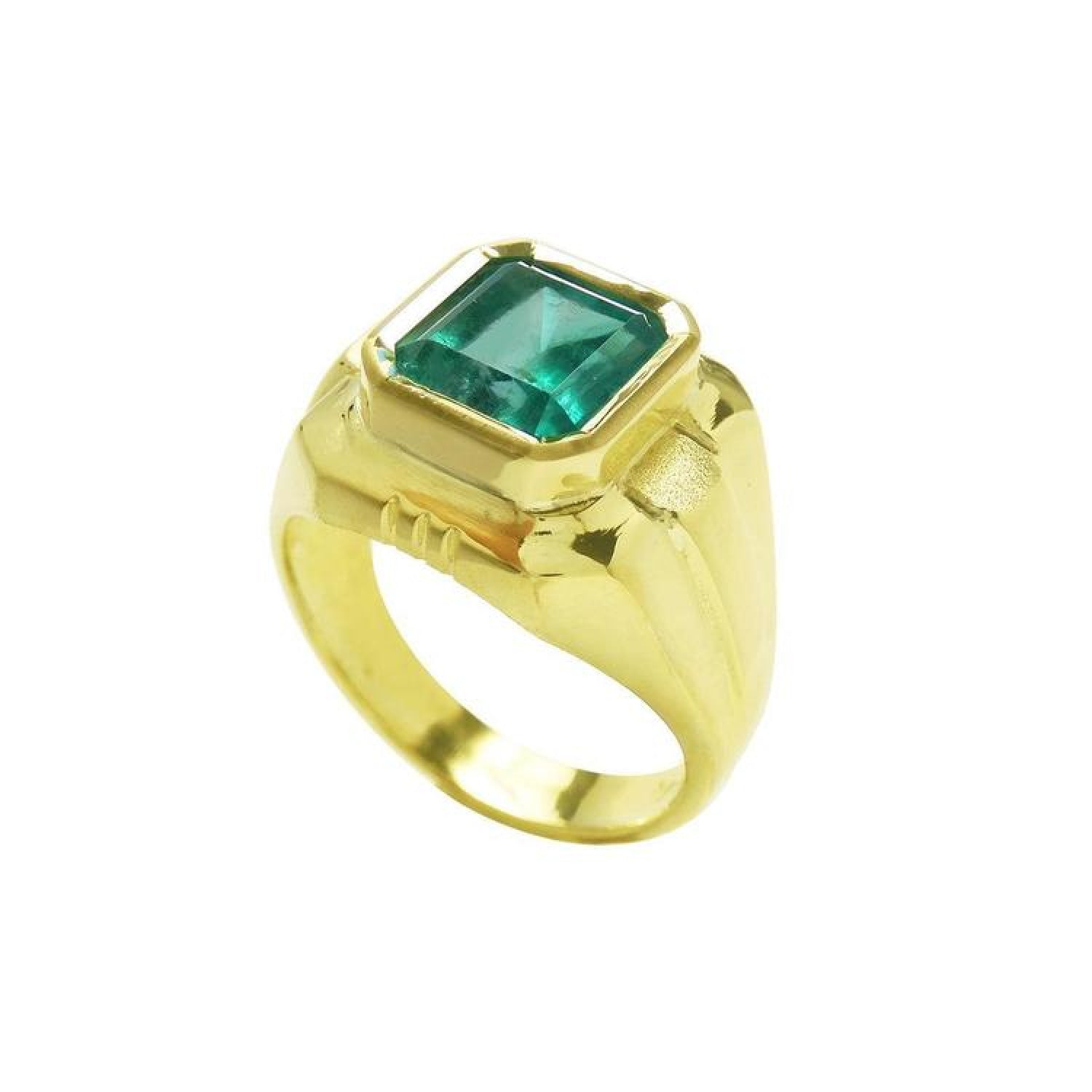 18K yellow gold men's solitaire ring with a square emerald cut, medium green Muzo Colombian emerald in a full bezel setting.