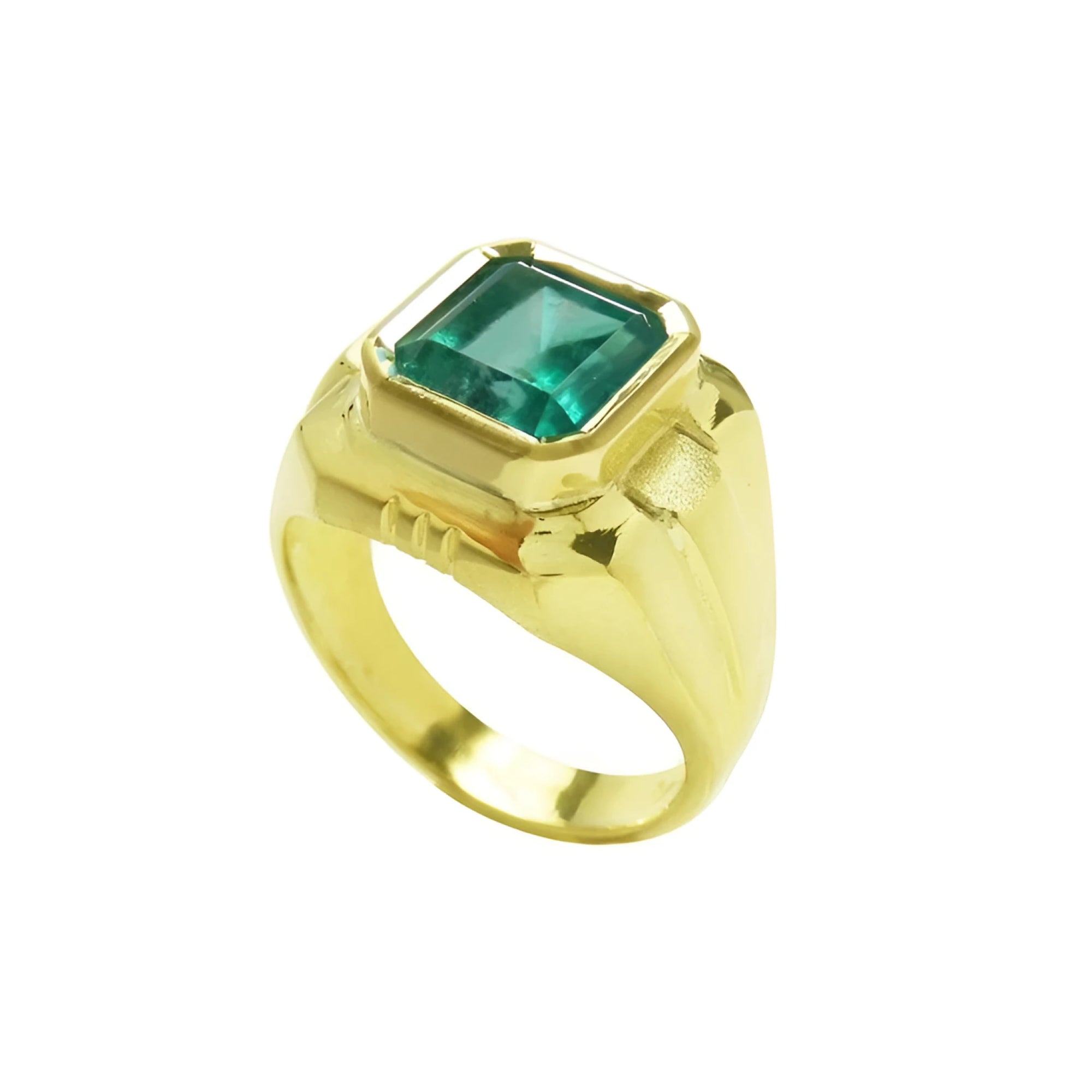 18K yellow gold men's solitaire ring with a square emerald cut, medium green Muzo Colombian emerald in a full bezel setting.