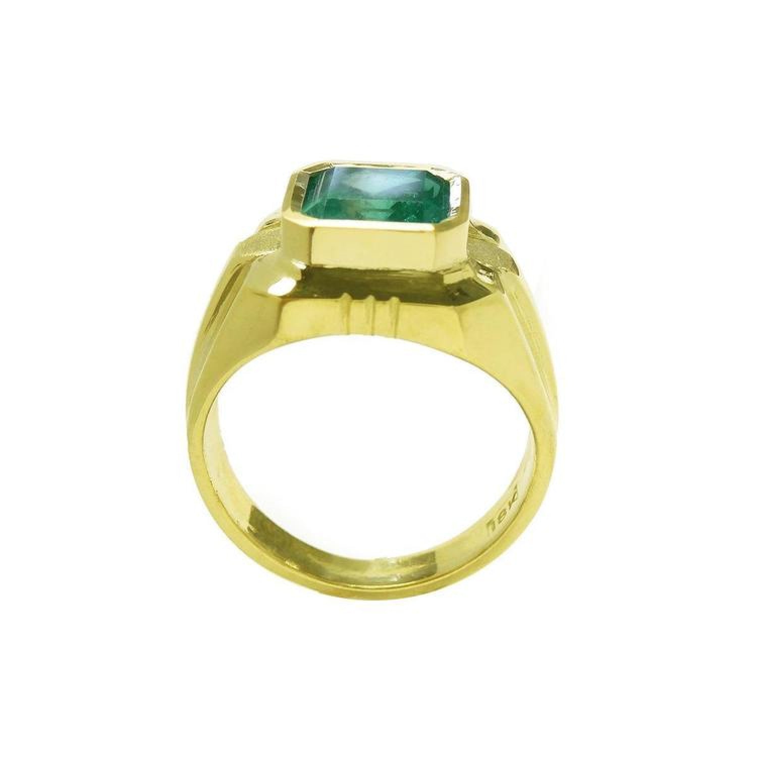 18K yellow gold men's solitaire ring with a square emerald cut Muzo Colombian emerald in a full bezel setting.