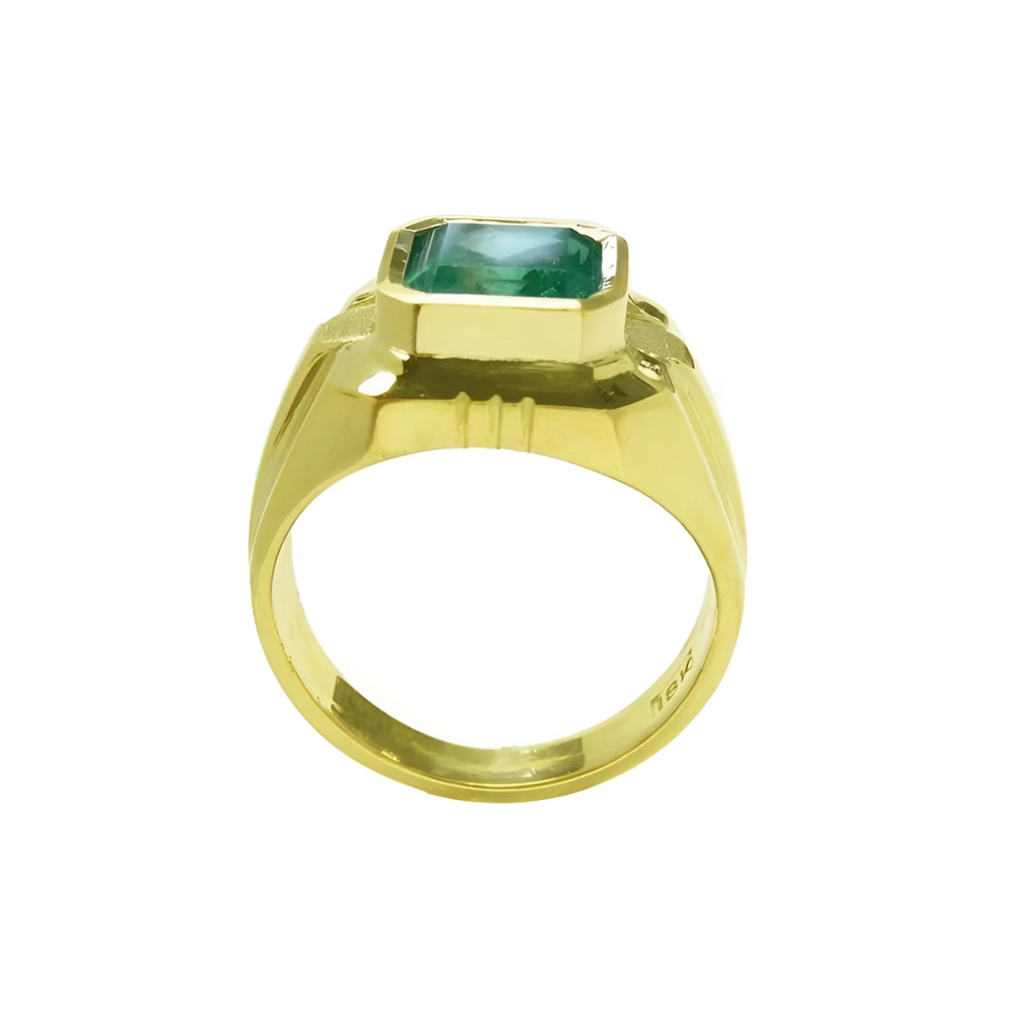18K yellow gold men's solitaire ring with a square emerald cut Muzo Colombian emerald in a full bezel setting.