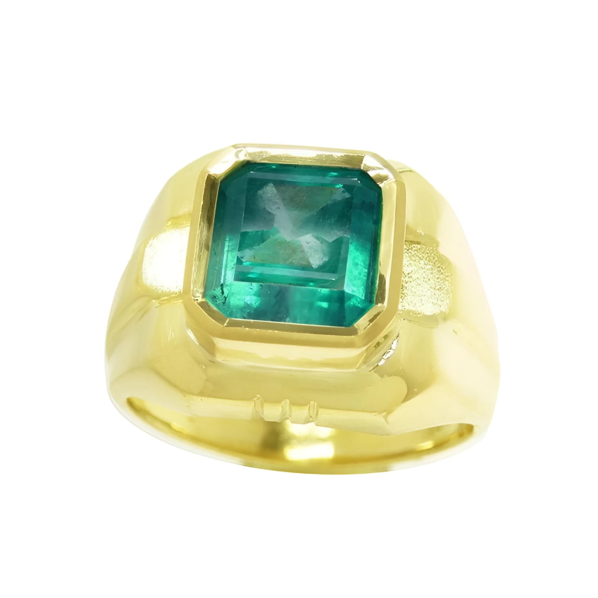 A 18k yellow gold men's ring with a natural square colombian emerald in bezel set.