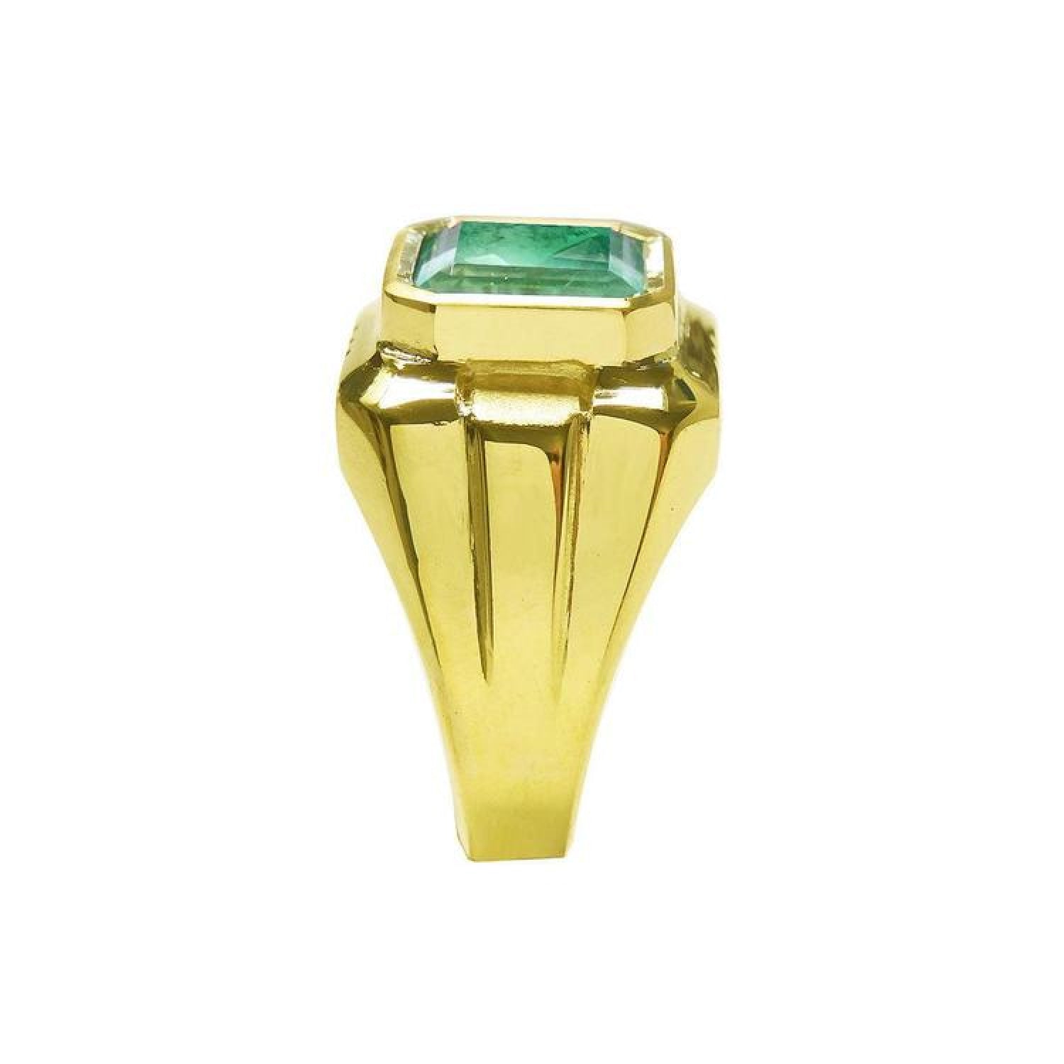 18K yellow gold men's ring with a square emerald cut Muzo Colombian emerald in a full bezel setting.
