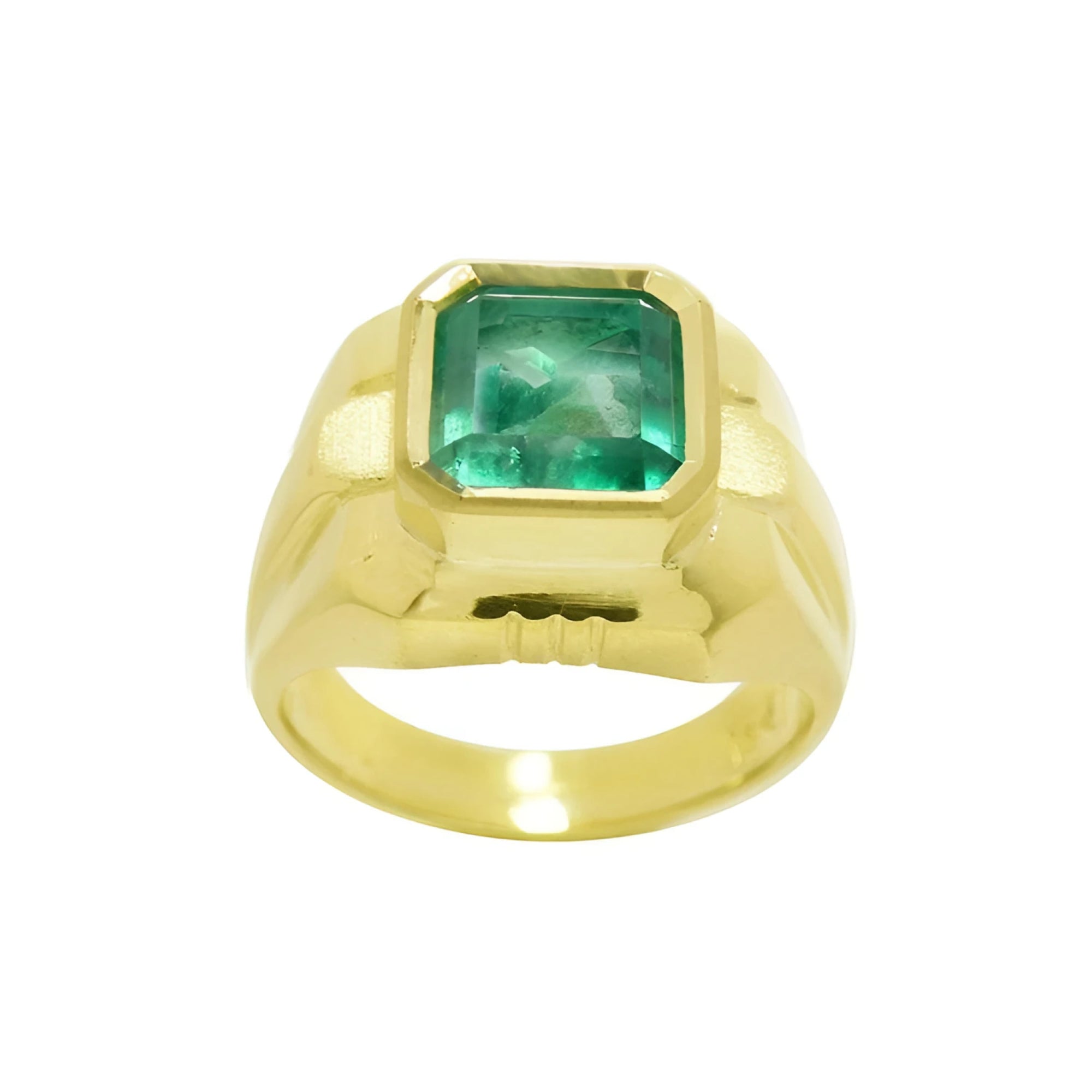 18K yellow gold men's solitaire ring with a square emerald cut, medium green Muzo Colombian emerald in a full bezel setting.