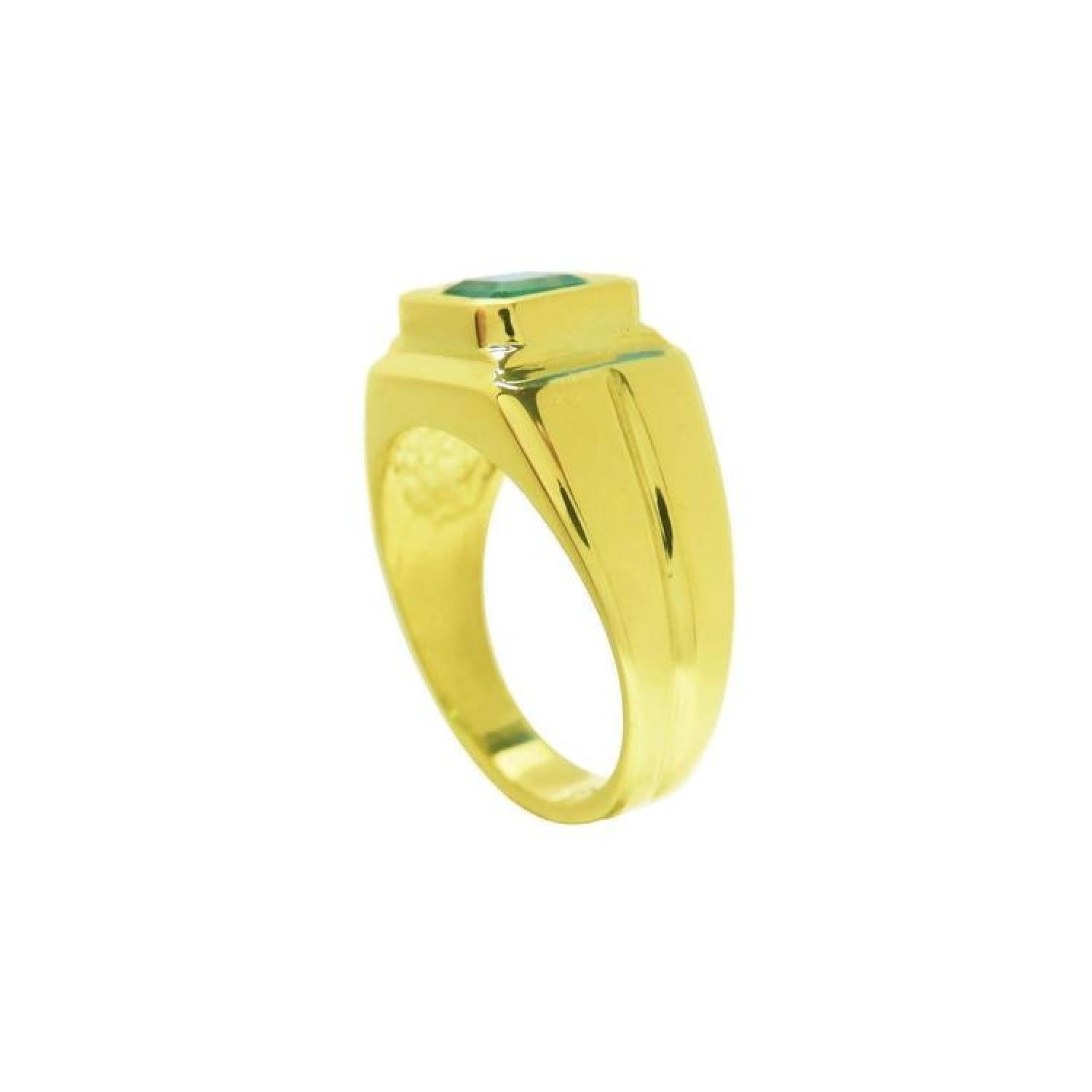 1.53 ct. square emerald bezel set in an 18K yellow gold solitaire ring.