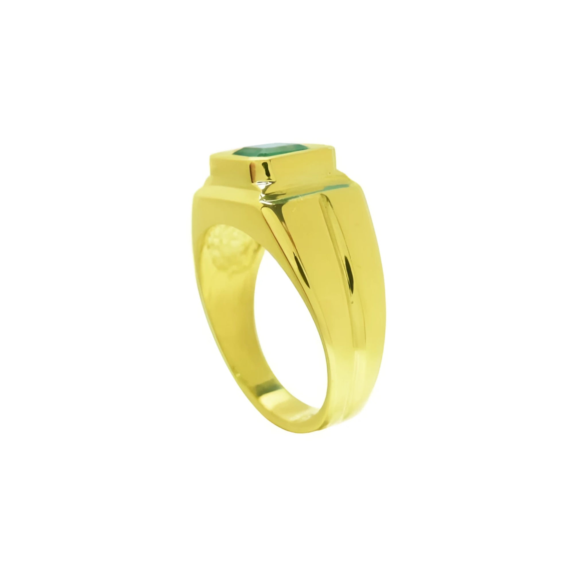 1.53 ct. square emerald bezel set in an 18K yellow gold solitaire ring.