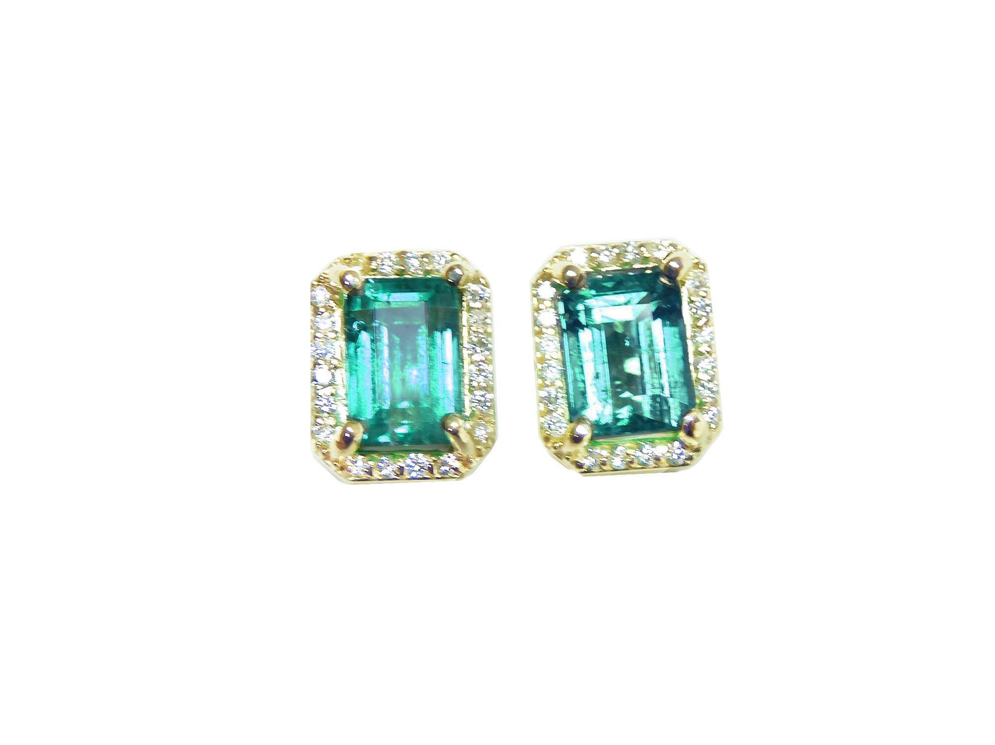 Pair of halo diamond emerald stud earrings, yellow gold, front position full top view