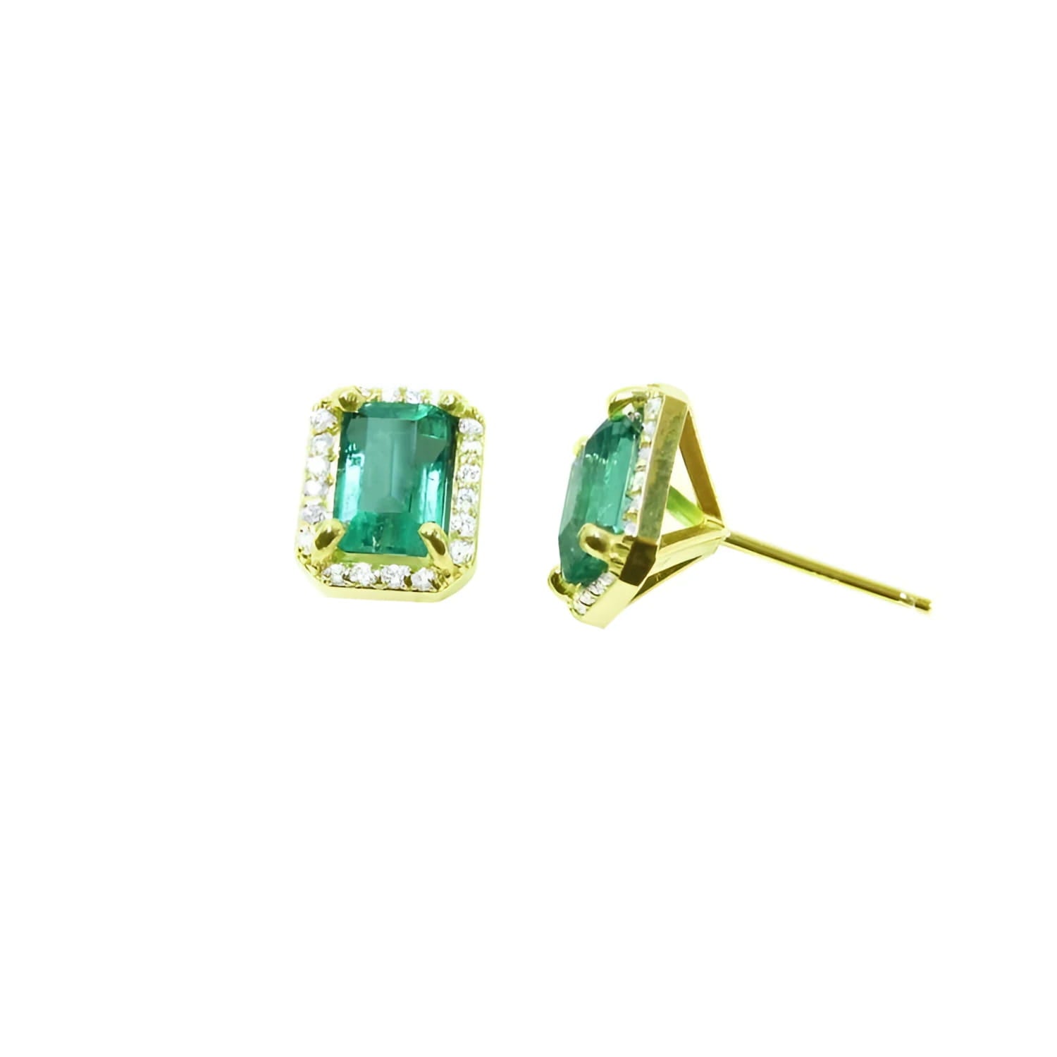 Emerald stud earrings with diamond halo in 14k yellow gold, one front view, one side view.