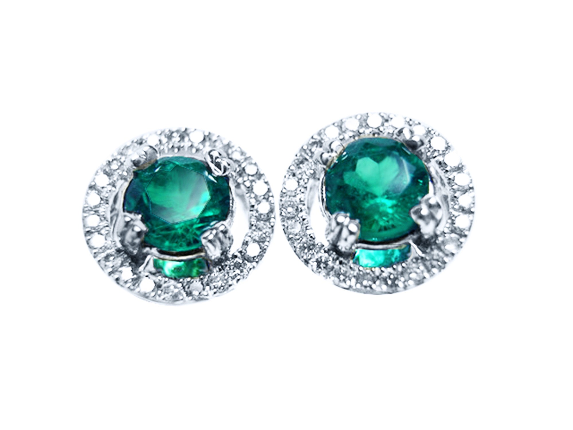 Pair of halo diamond emerald stud earrings, top view on a front position