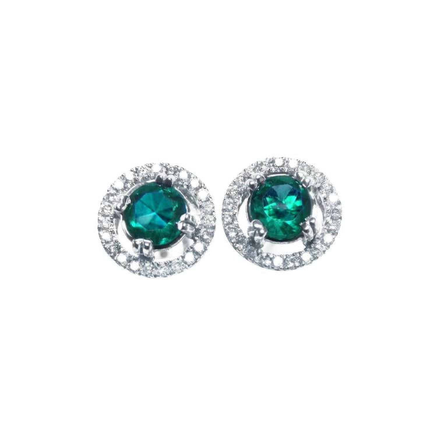 Deep bluish-green emerald stud earrings with a halo of natural diamonds and secure screw backs, set in 14K gold.