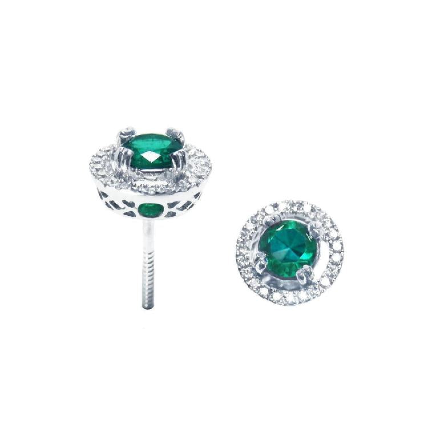 1.06 ct deep bluish-green emerald stud earrings with diamond halo and 14K white gold screw backs.