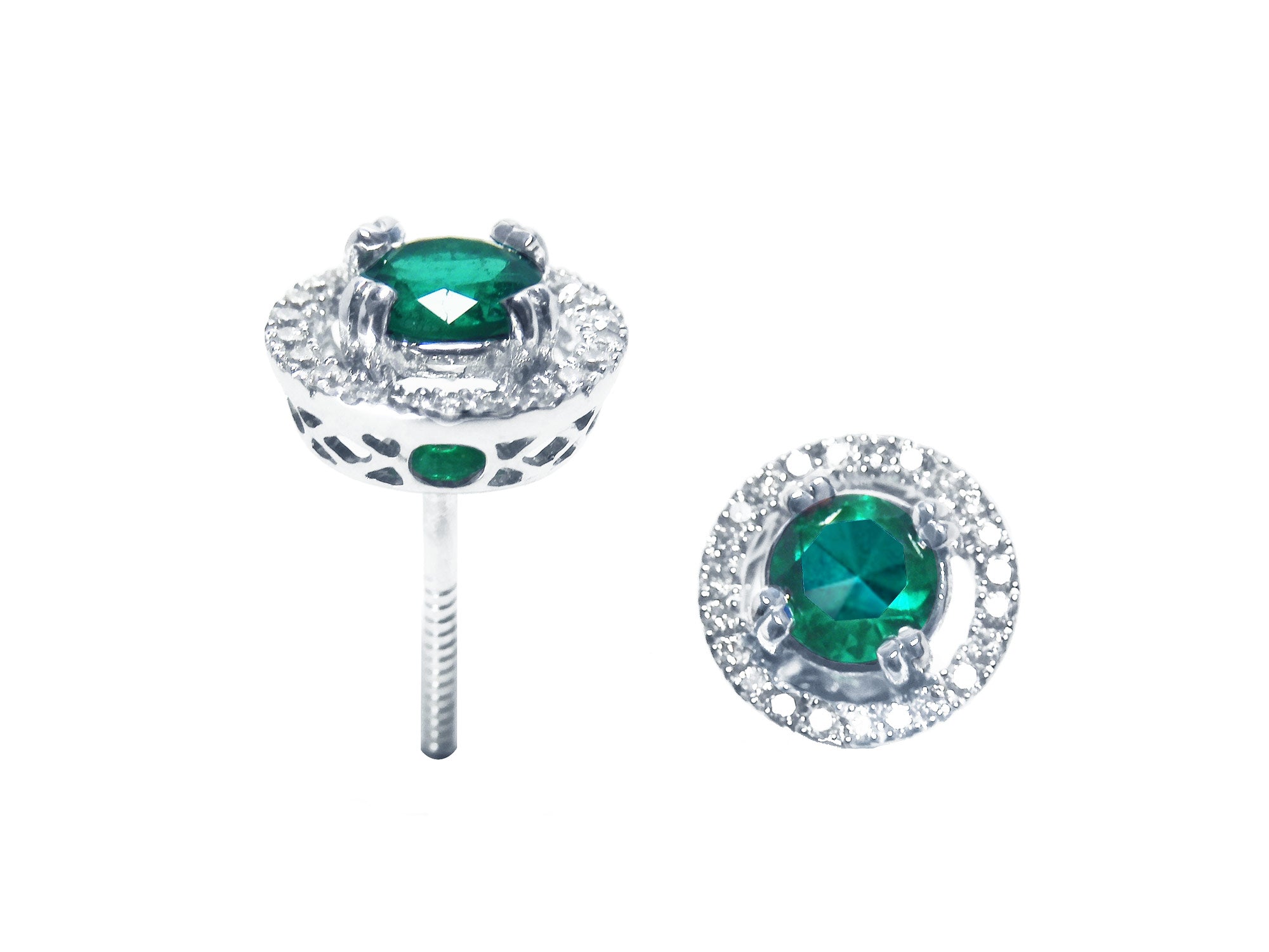 Pair of 14k white gold halo diamond emerald stud earrings, downside and top view positions.