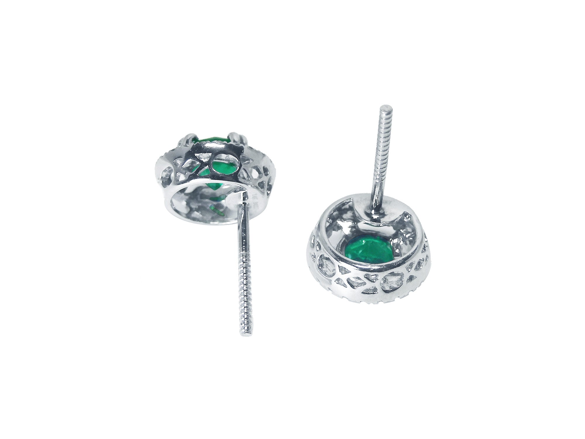 A pair of earrings in upside down position, back view screw backs,