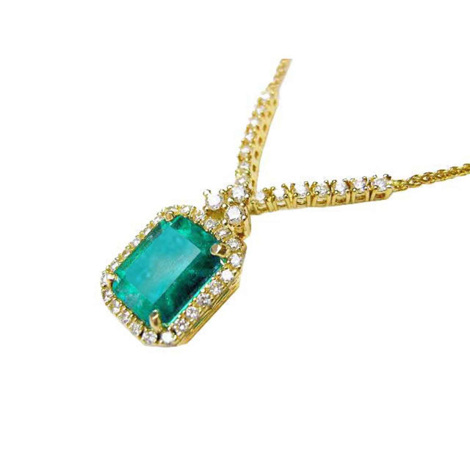 Bluish deep green emerald halo necklace with natural diamonds on 14K yellow gold chain.