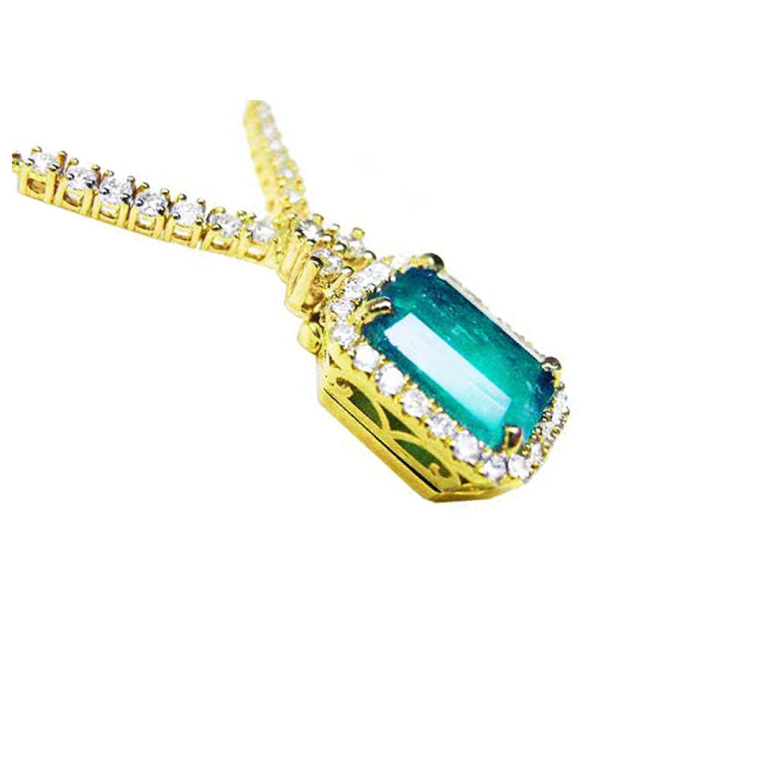 Emerald halo necklace with natural diamonds on a 14K yellow gold chain.