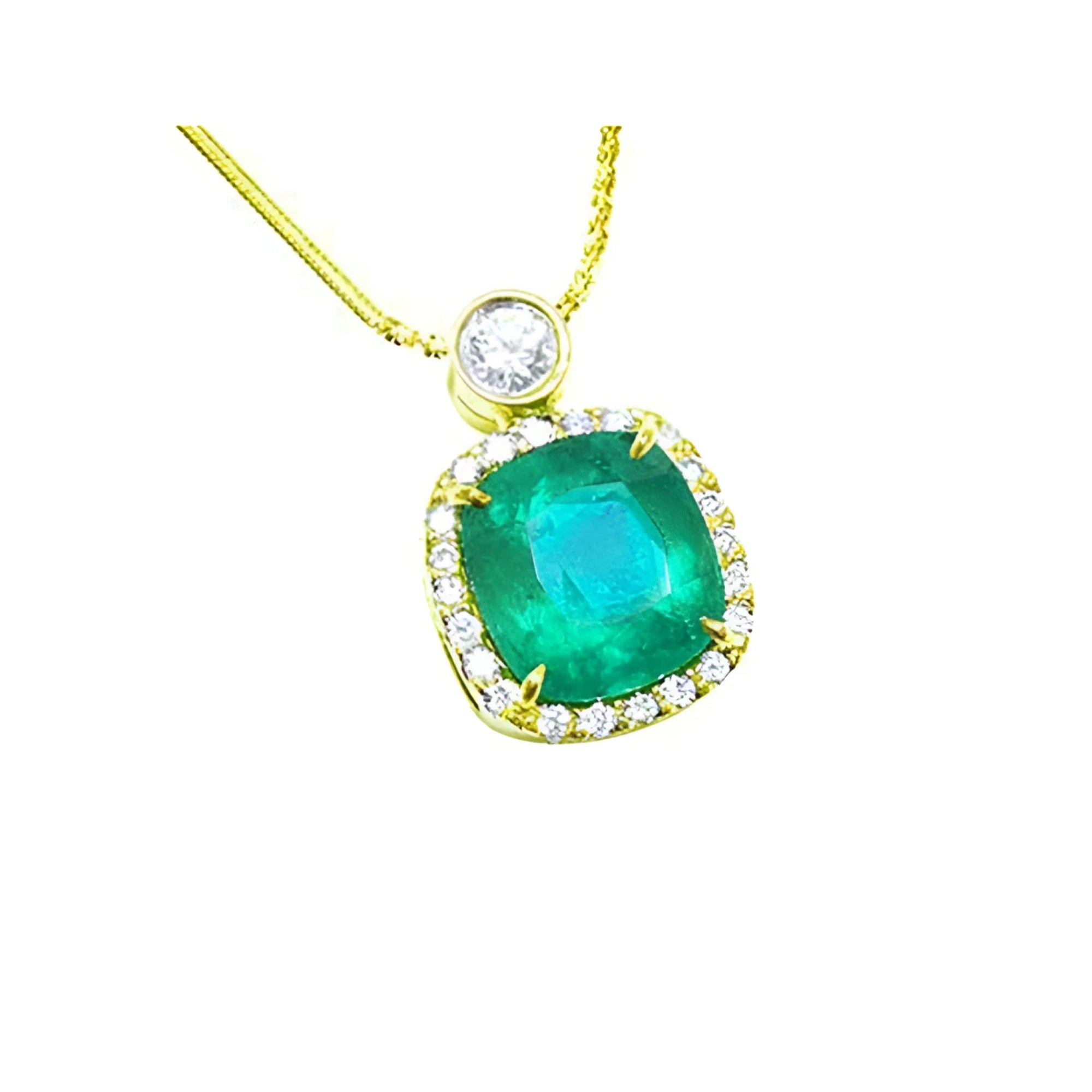 Natural emerald necklace 8.07 carats encircled in a halo of natural diamonds 18k yellow gold.