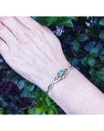 Hand wearing a bracelet with emeralds against a green leafy background.