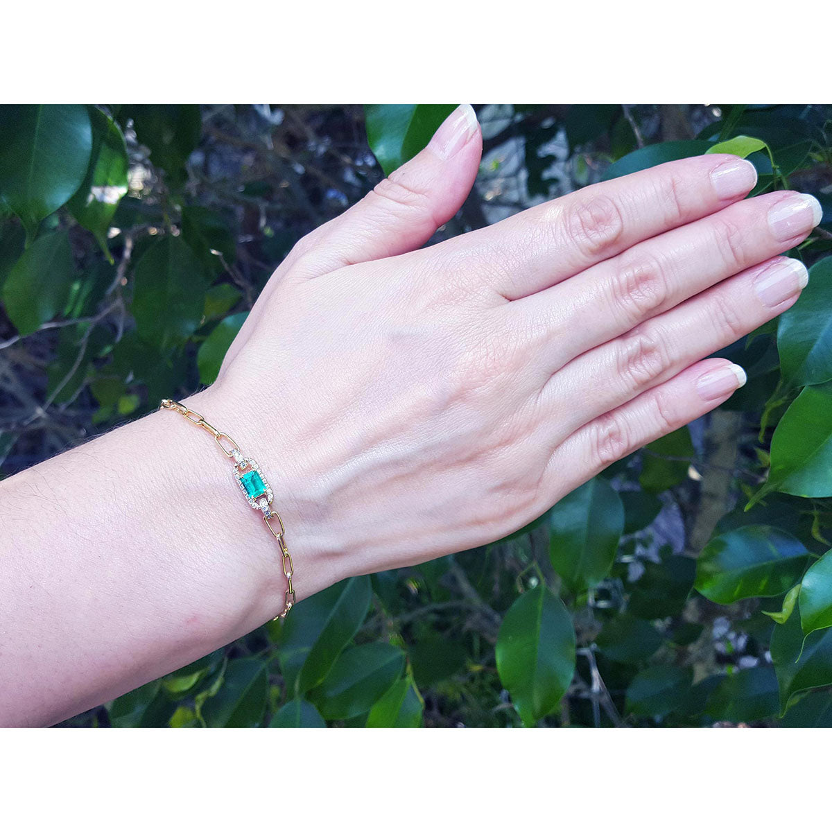 Hand wearing a gold paperclip bracelet with a real colombian emerald against a leafy background.