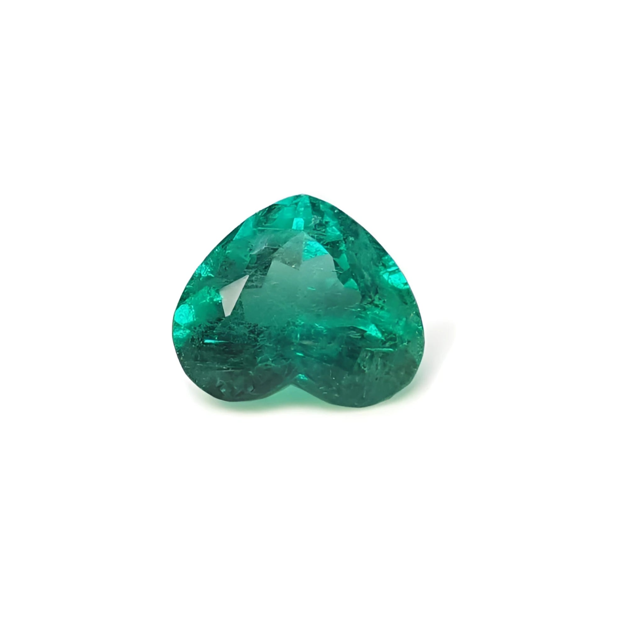 GIA certified 2.54 carat heart cut natural Colombian emerald with sparkling bluish-green color.