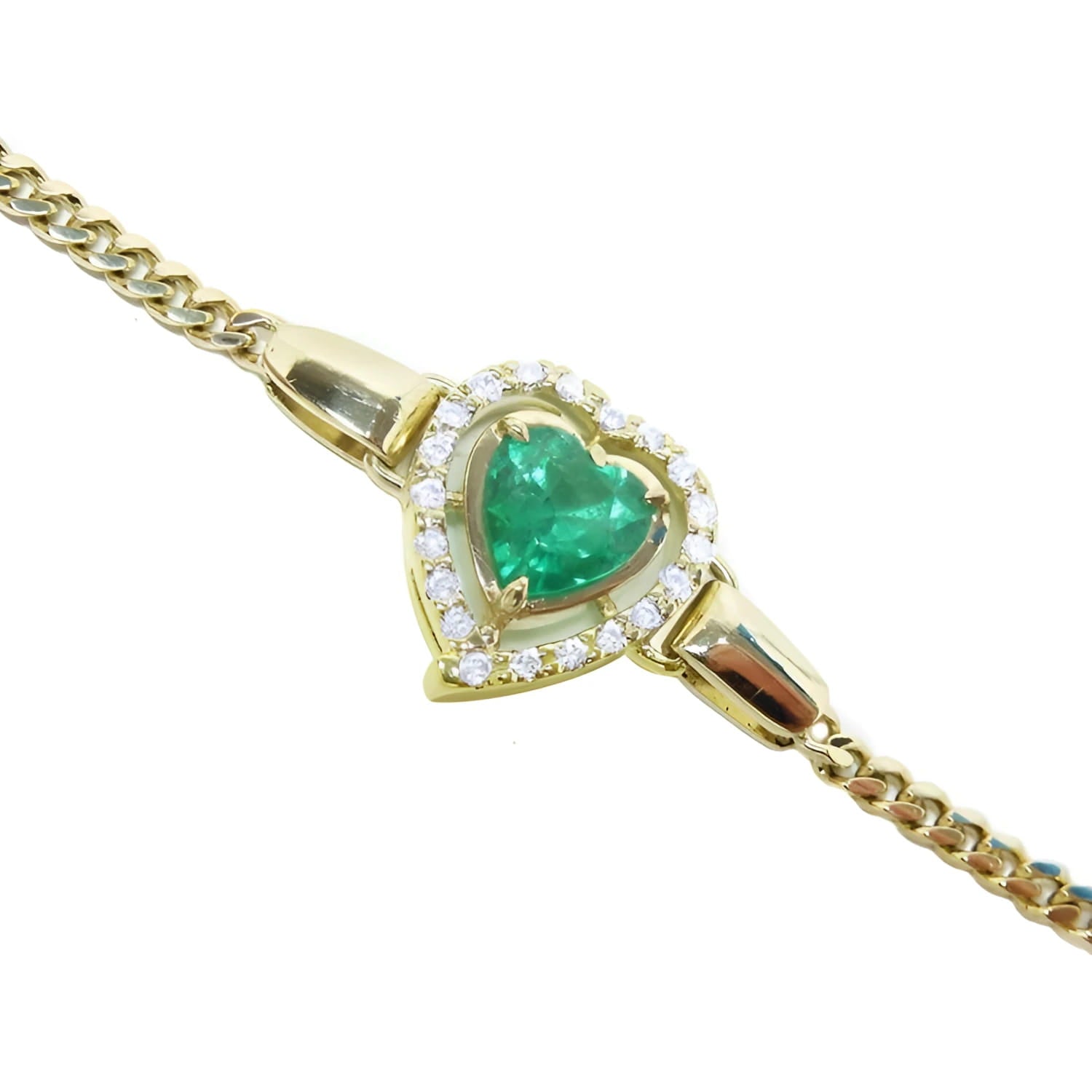 Ladies emerald heart bracelet halo natural diamond, 14k yellow gold with a beautiful real Colombian emerald surrounded by natural sparkling diamonds.