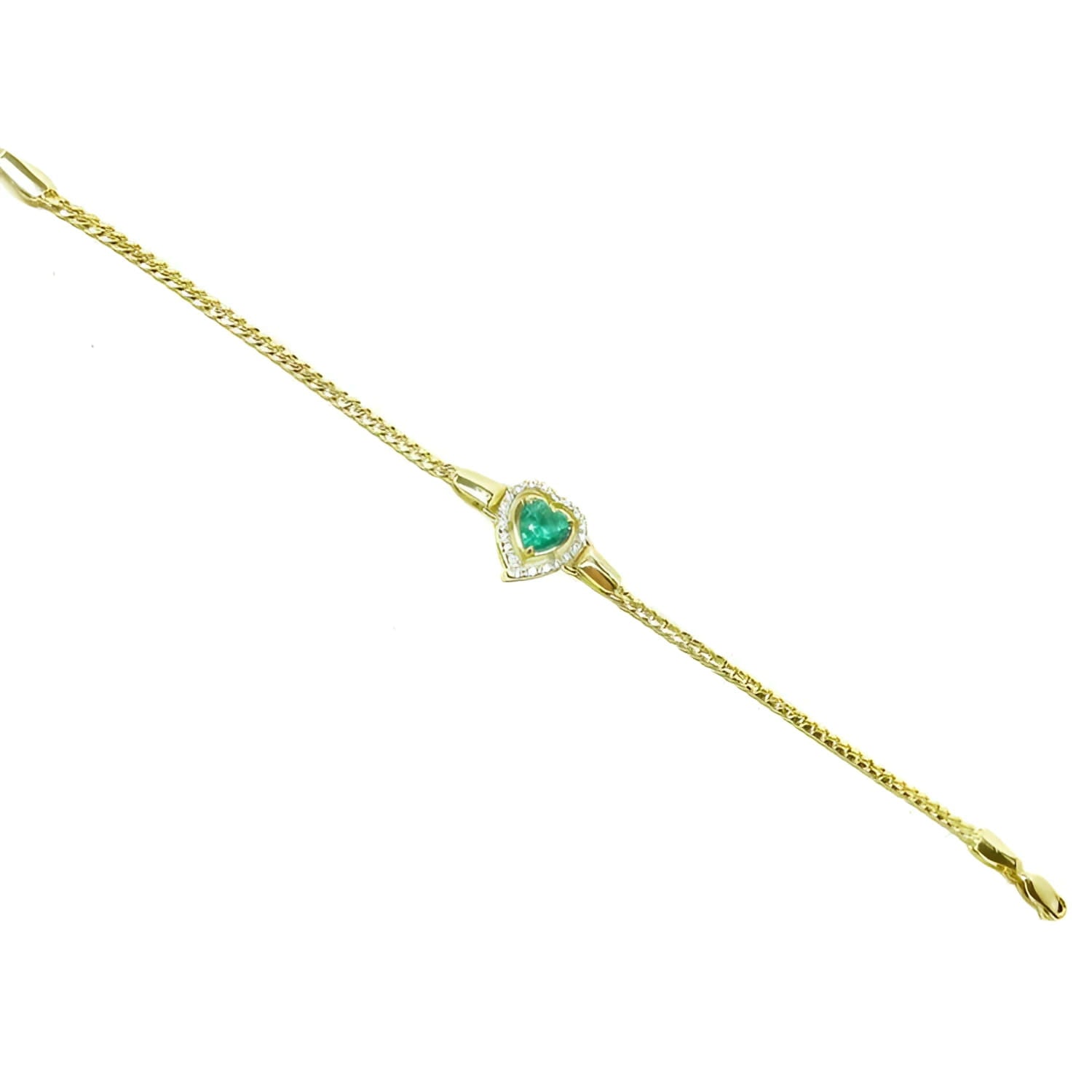 14K yellow gold bracelet with a heart-shaped emerald surrounded by sparkling diamonds.