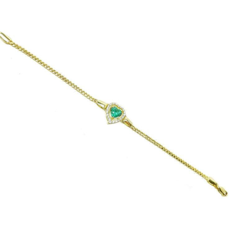 14K yellow gold bracelet with a heart-shaped emerald surrounded by sparkling diamonds.