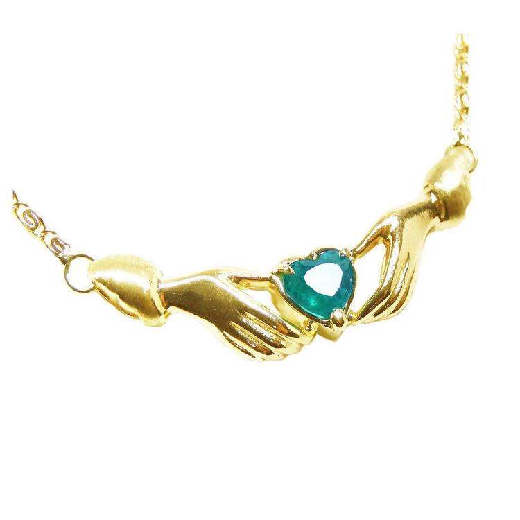 Claddagh emerald necklace, heart cut natural Colombian emerald Muzo mines crafted in 14k yellow gold