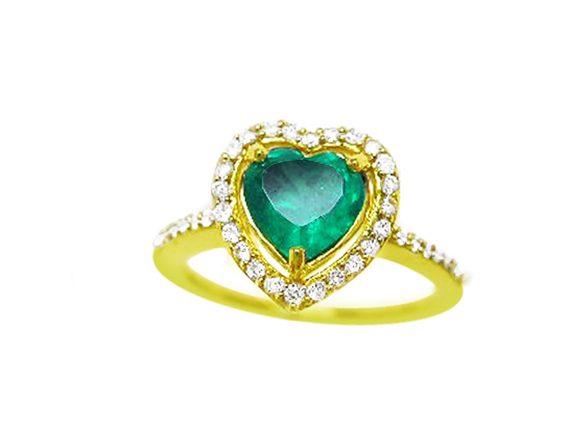 The topside view of a heart cut emerald engagement ring halo diamonds 14k yellow gold.