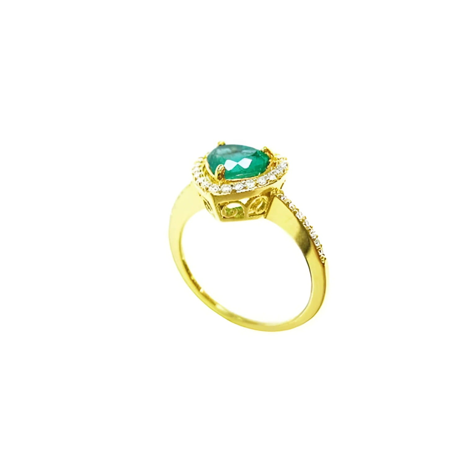 Heart-cut emerald ring with diamond halo and pavé band in 14K yellow gold.
