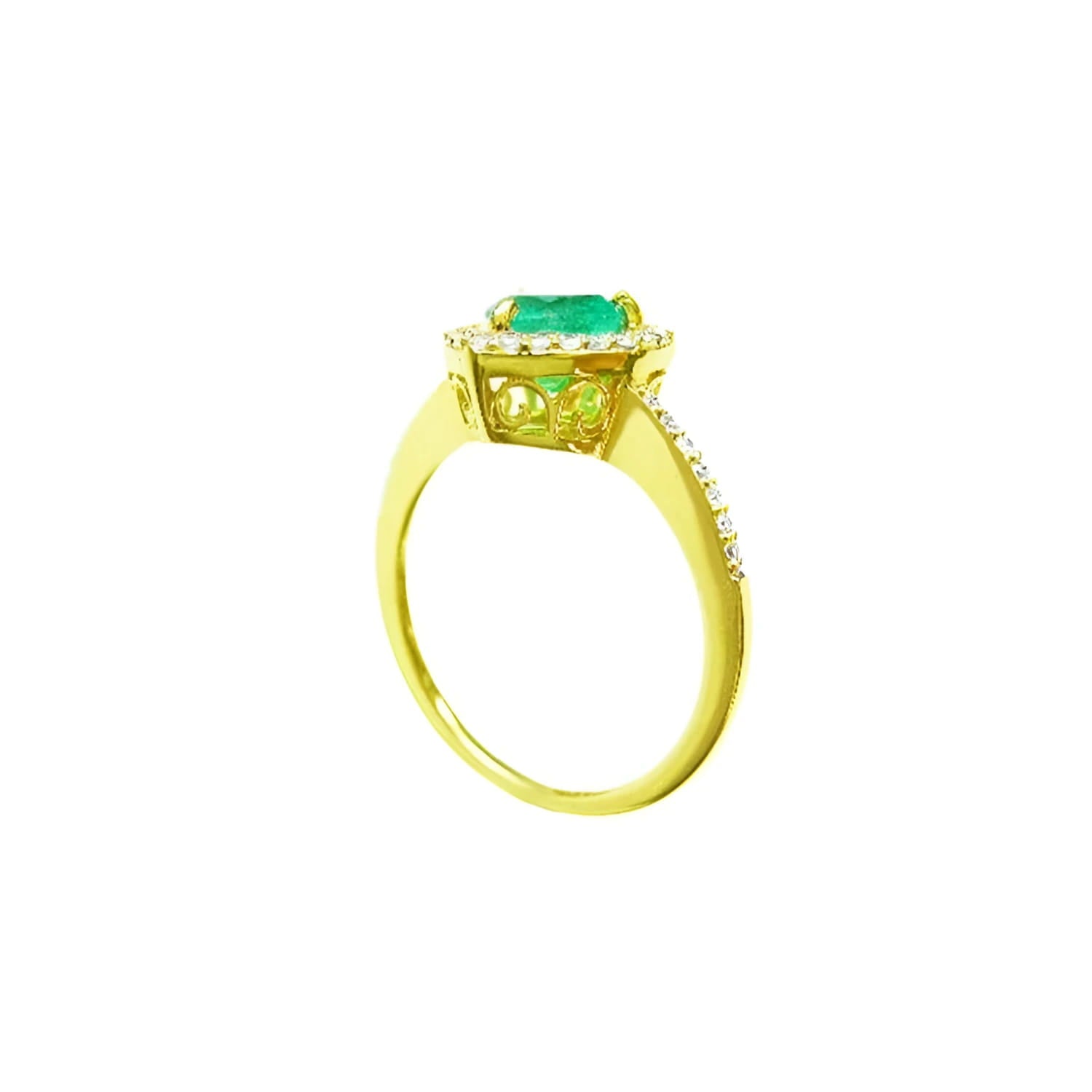 14K yellow gold heart-cut emerald engagement ring with diamond halo and pavé band.