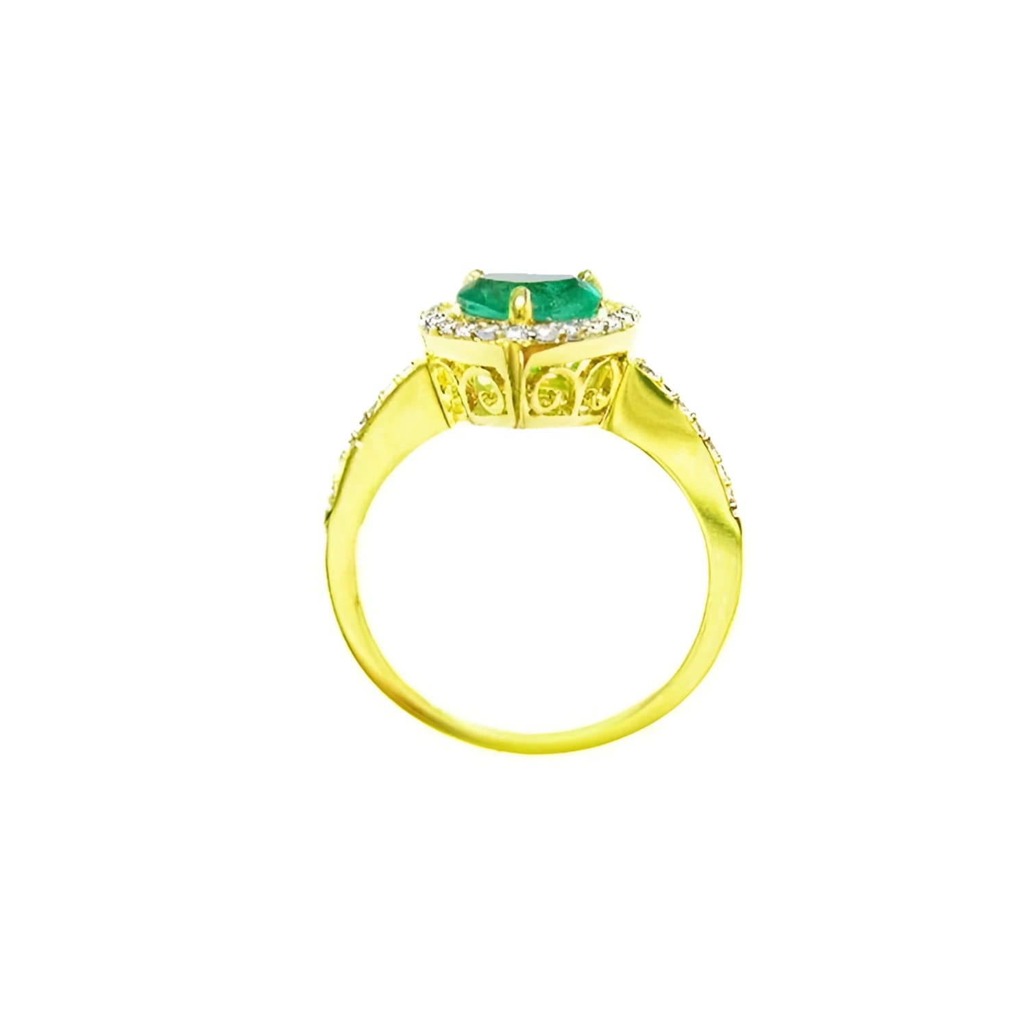 Heart-cut emerald engagement ring with diamond halo and 14K yellow gold band.