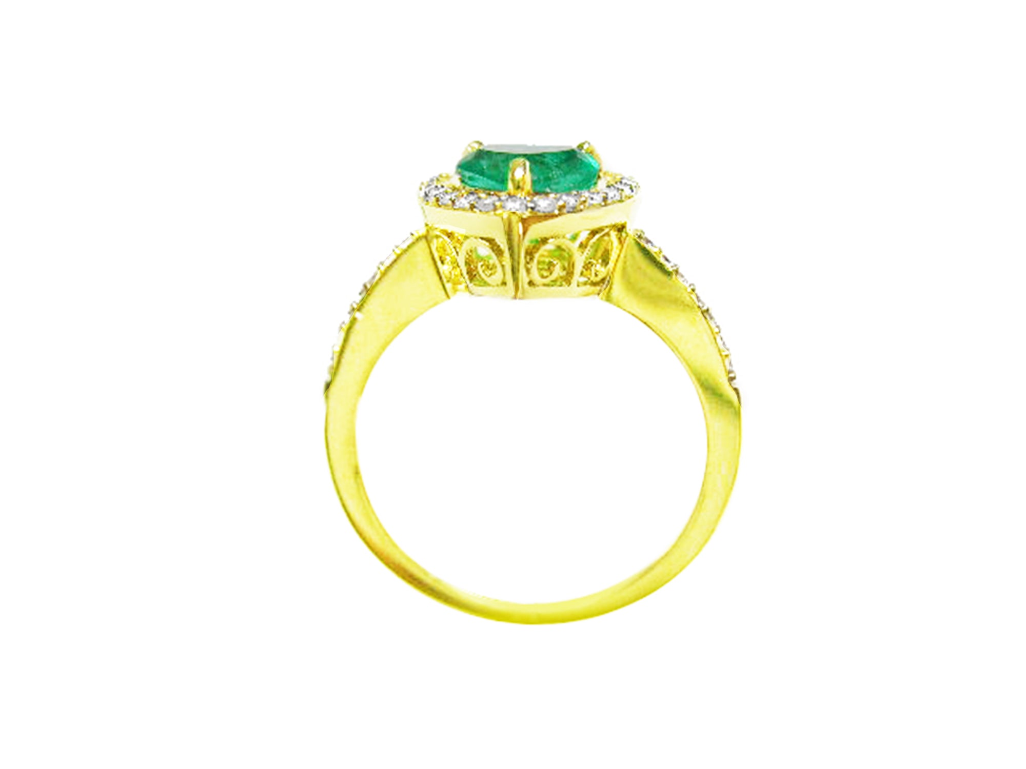 A detailed view of an emerald ring, highlighting the top, side gallery, and band. on a white background.